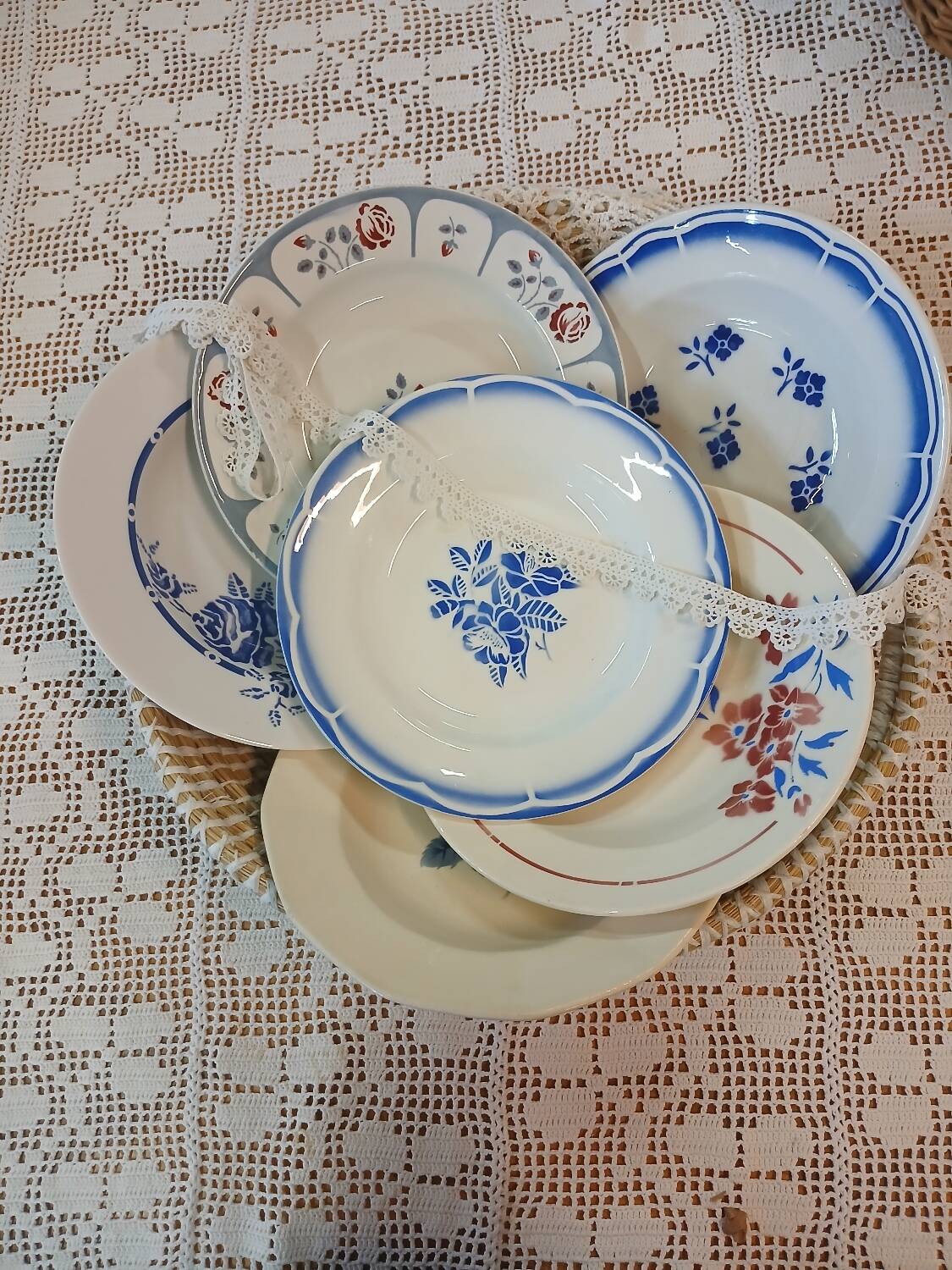 6 mismatched antique soup plates