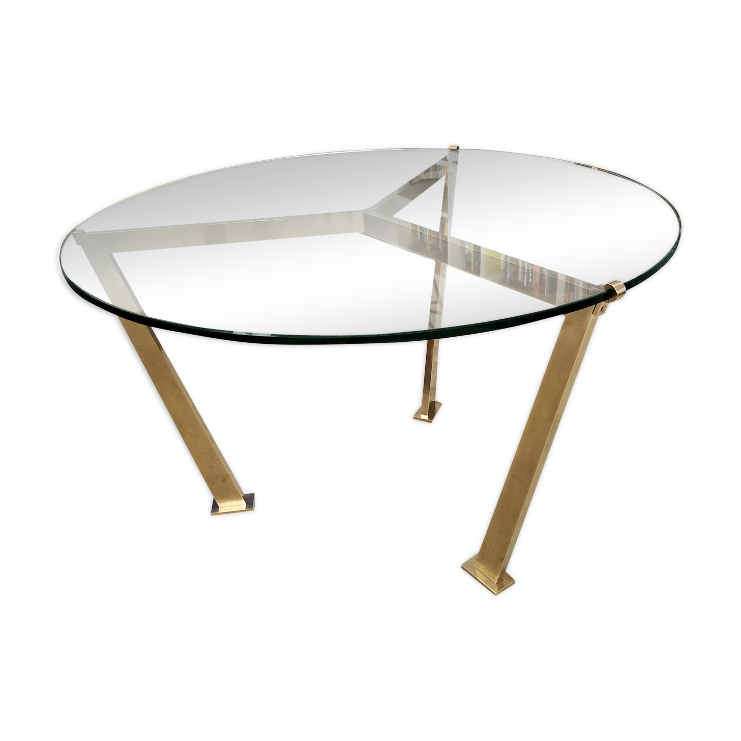 Brass round coffee table with 70s glass tray