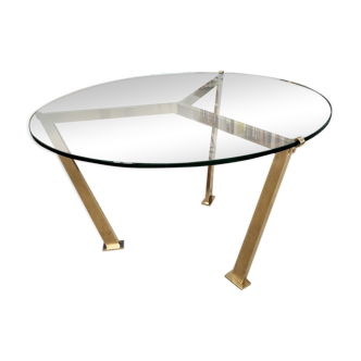 Table basse ronde en laiton avec plateau de verre années 70