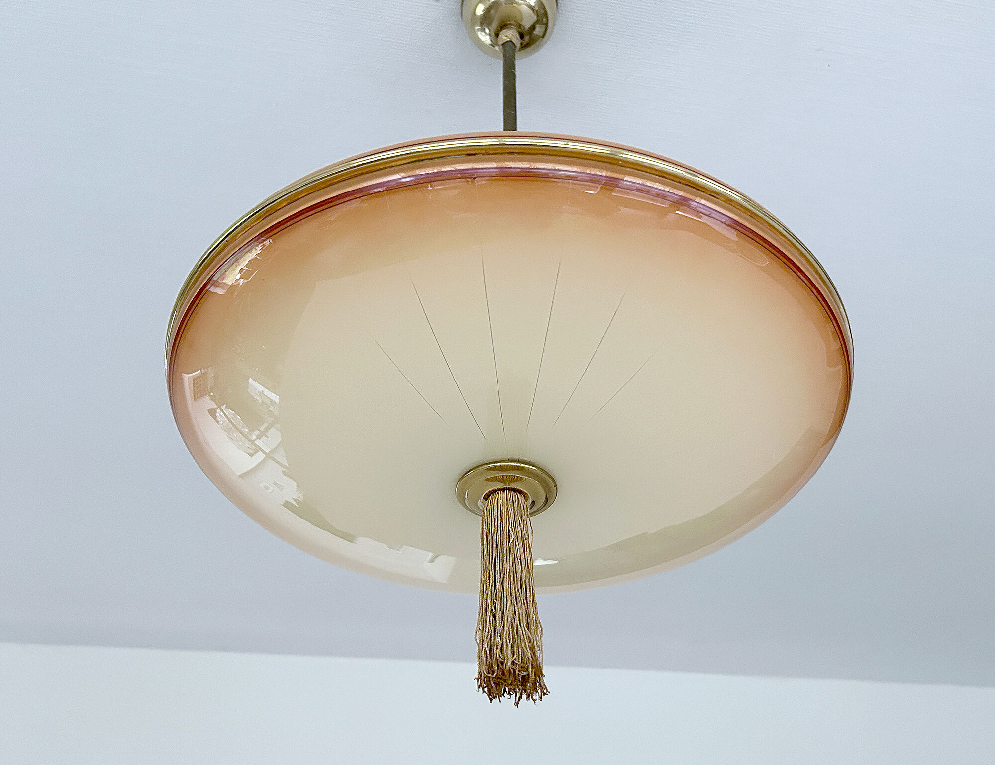 Vintage art deco pendant lamp, gradient glass, red beige, brass, 30 years