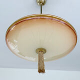 Vintage art deco pendant lamp, gradient glass, red beige, brass, 30 years