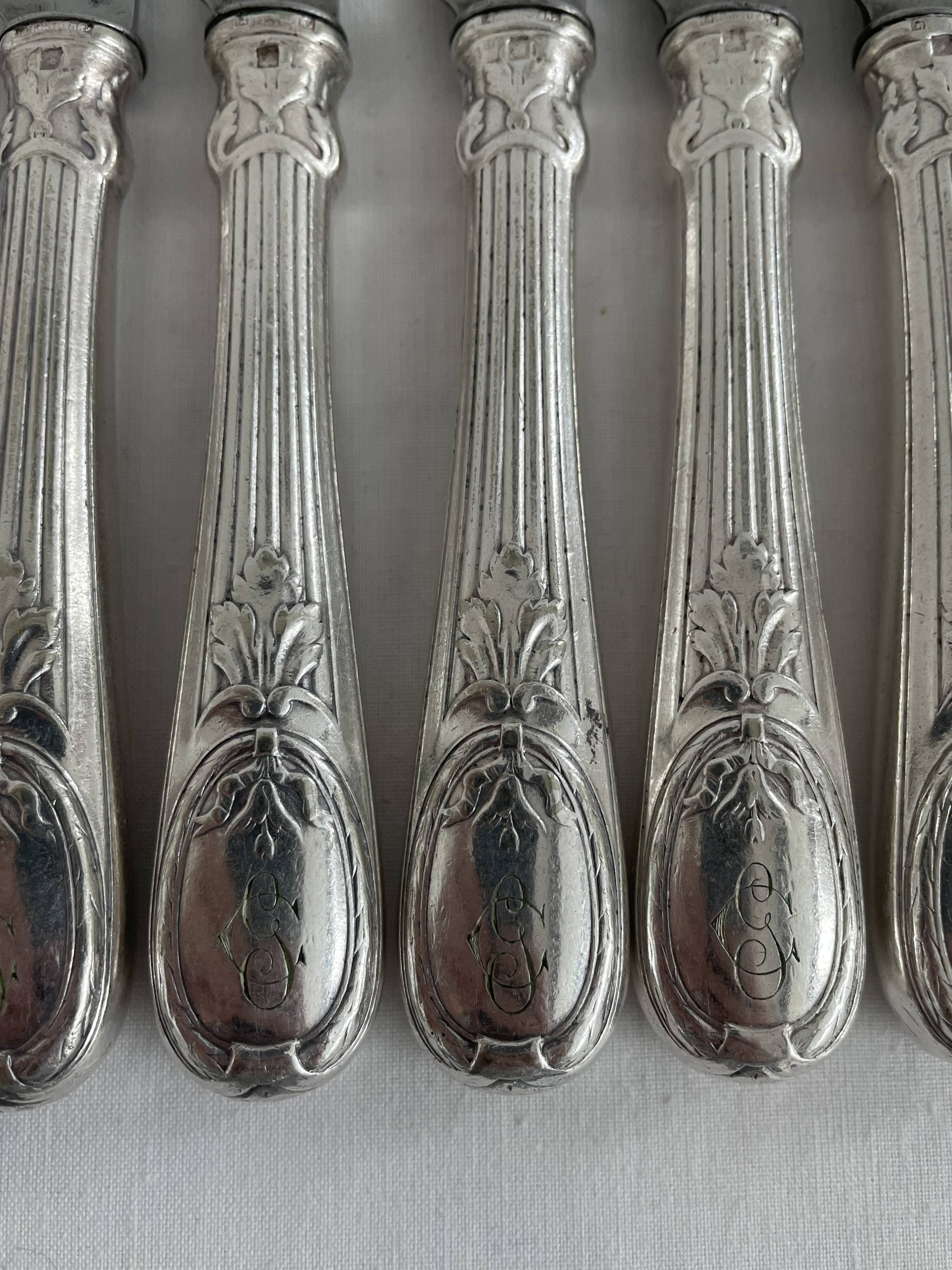Knife set, Charles Christofle, silver plated metal, Art Nouveau, plant decoration, cheese, large