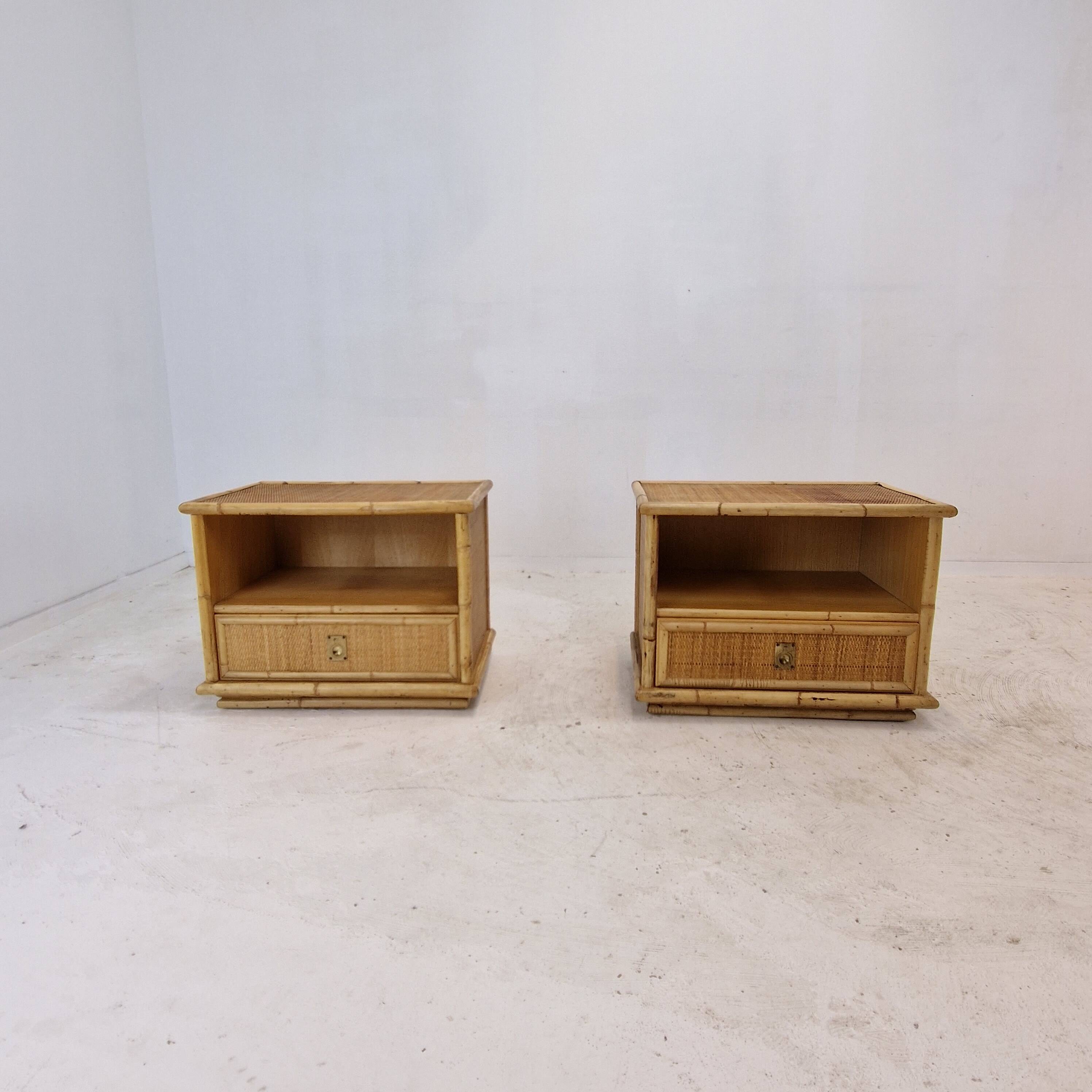Bamboo and Rattan Pair of Bedside Tables Nightstands by Dal Vera, Italy 1970s