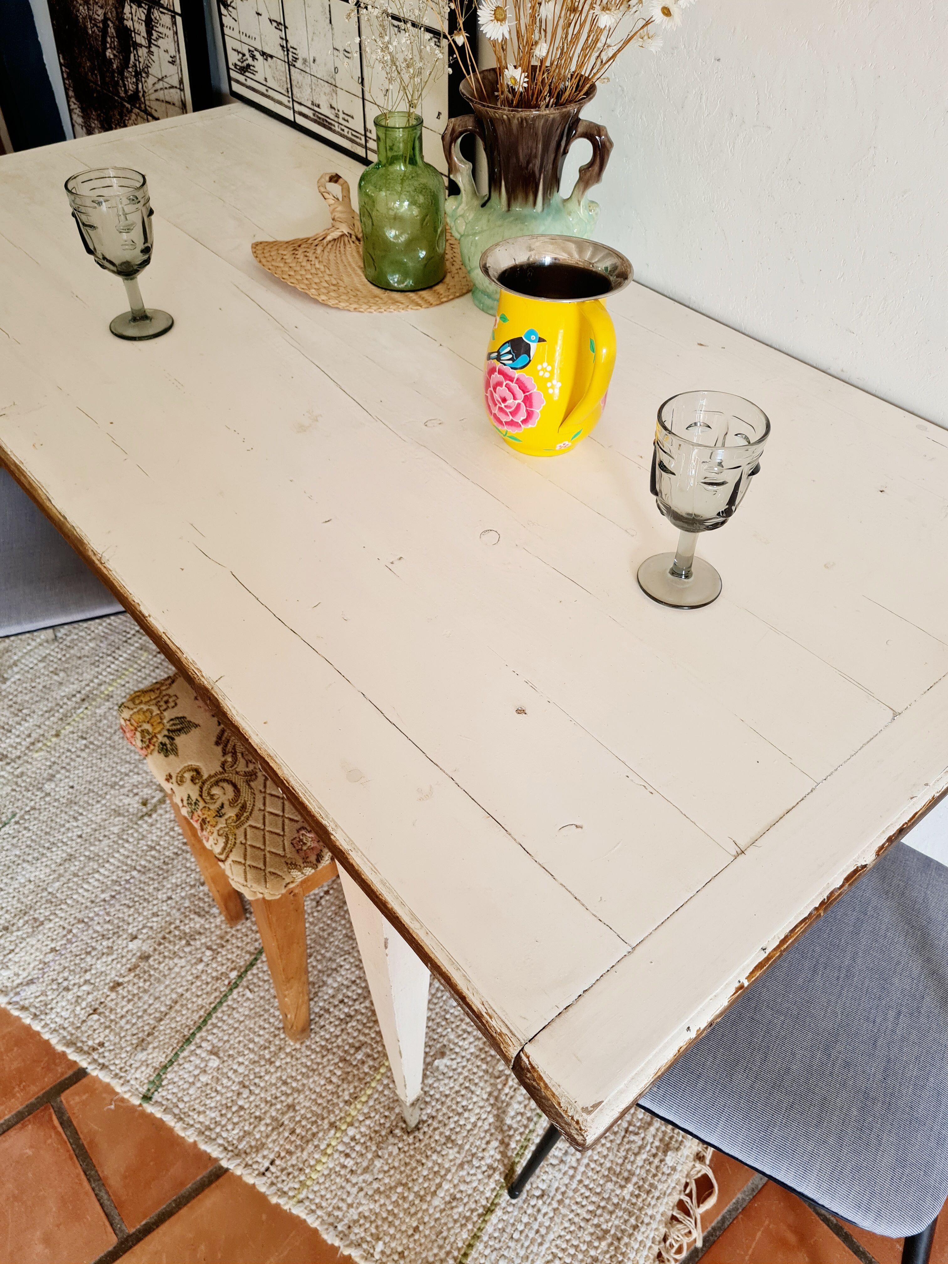 Old farmhouse table metal compass base