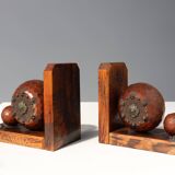 Pair of Art Deco faceted ball bookends in oak with metal decorations