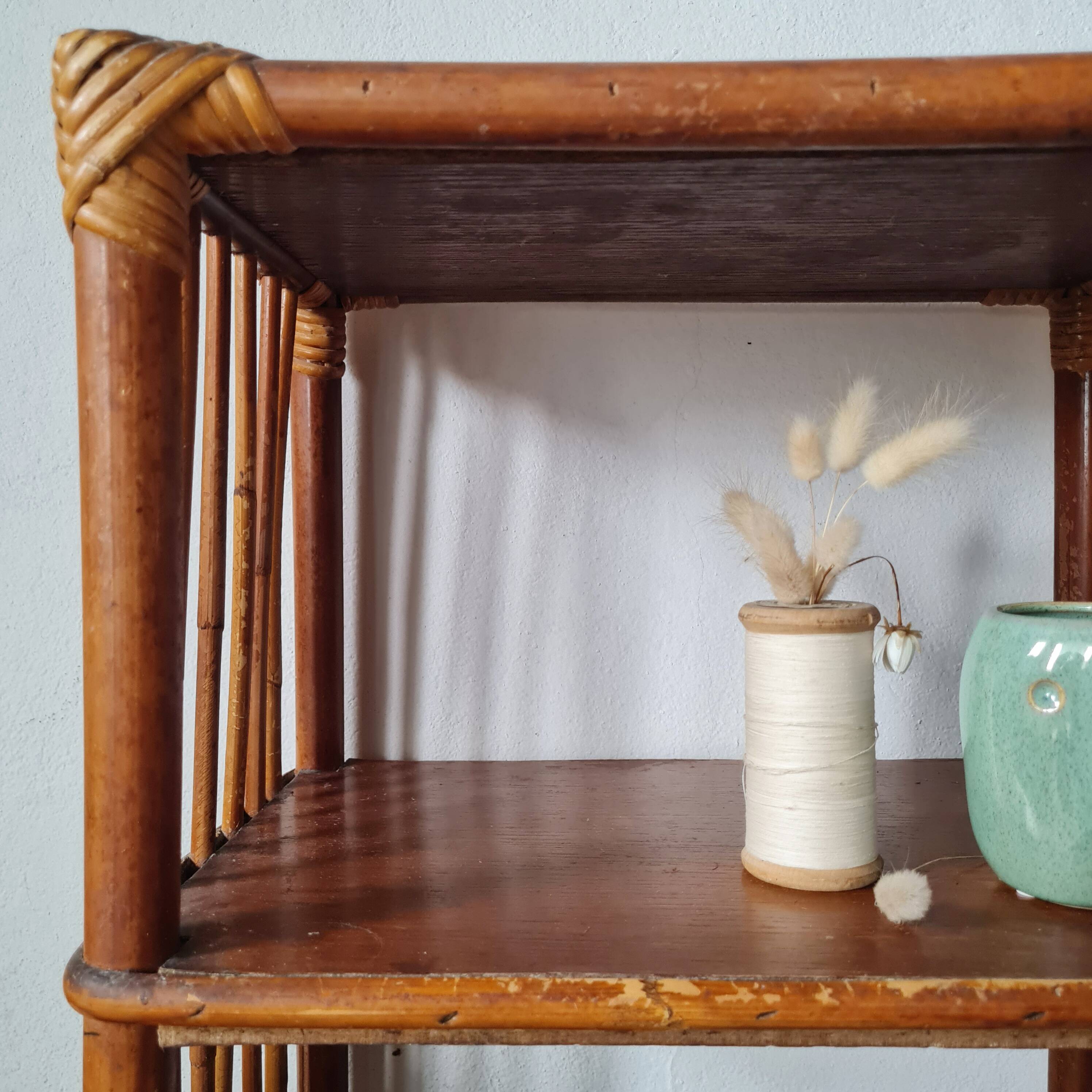 Shelf - rattan wood bookcase with a patina finish.