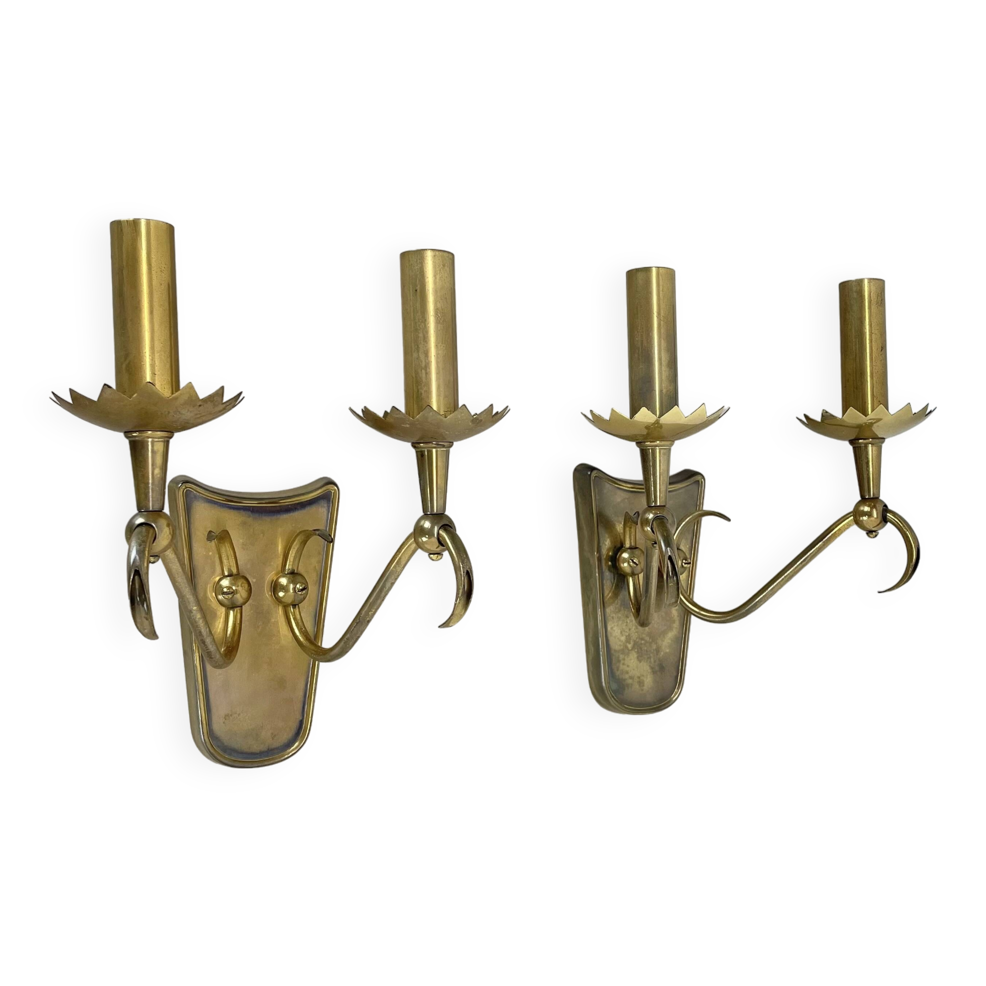 unique set of 2 brass Gio Ponti Style Theatre Wall Light Sconces, Italy, 1950s