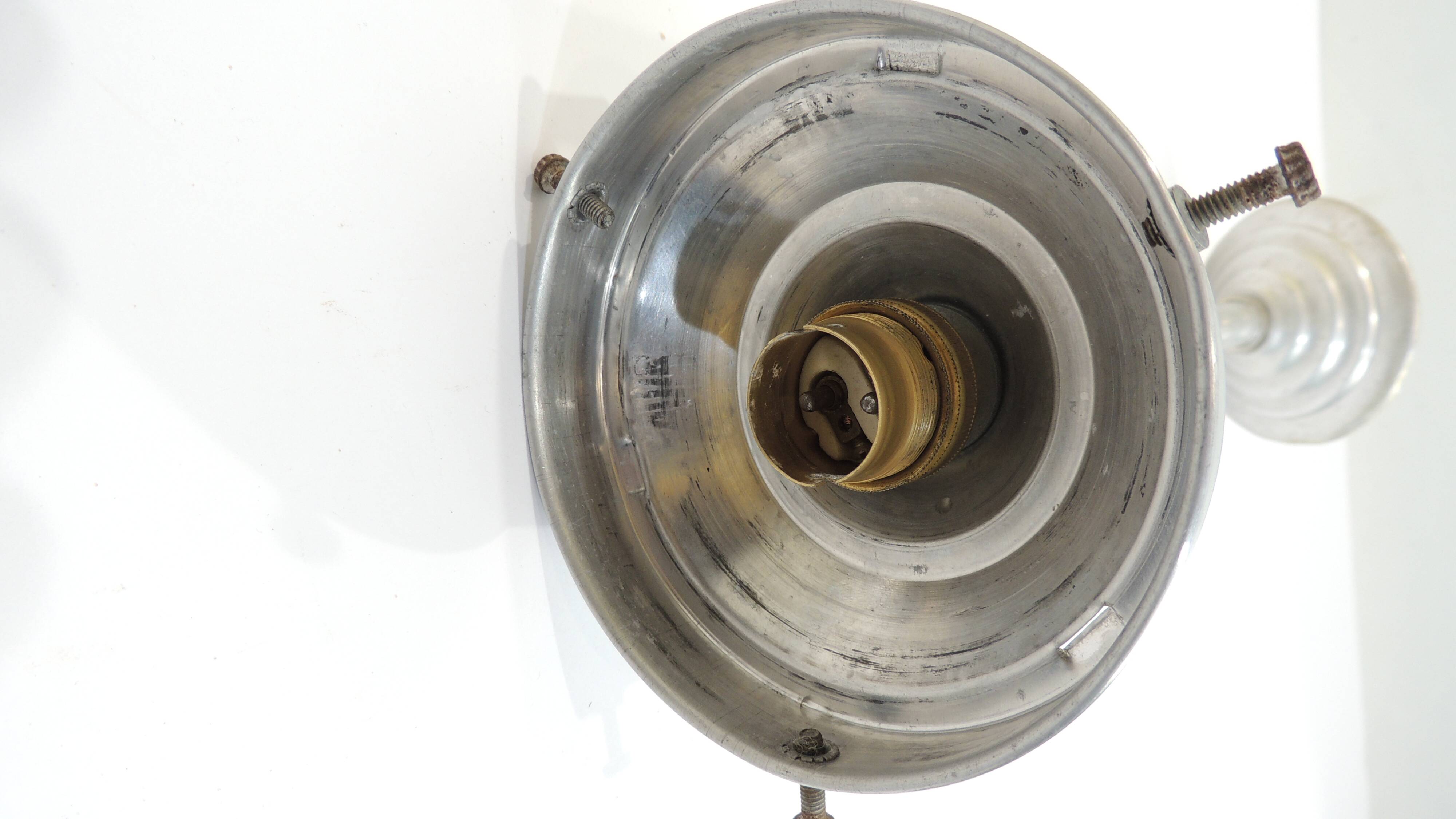 Vintage suspension in aluminum metal and opaline glass globe – Industrial design