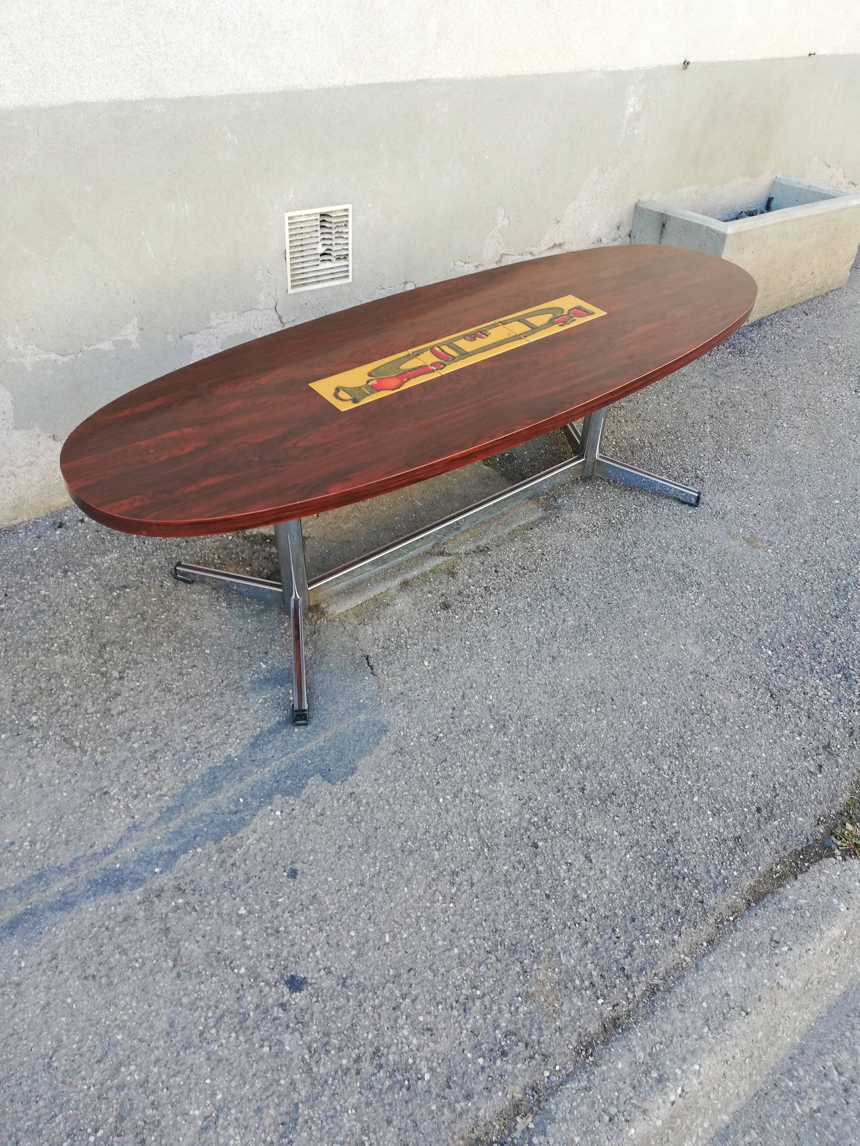 Table basse vintage ovale palissandre et céramique
