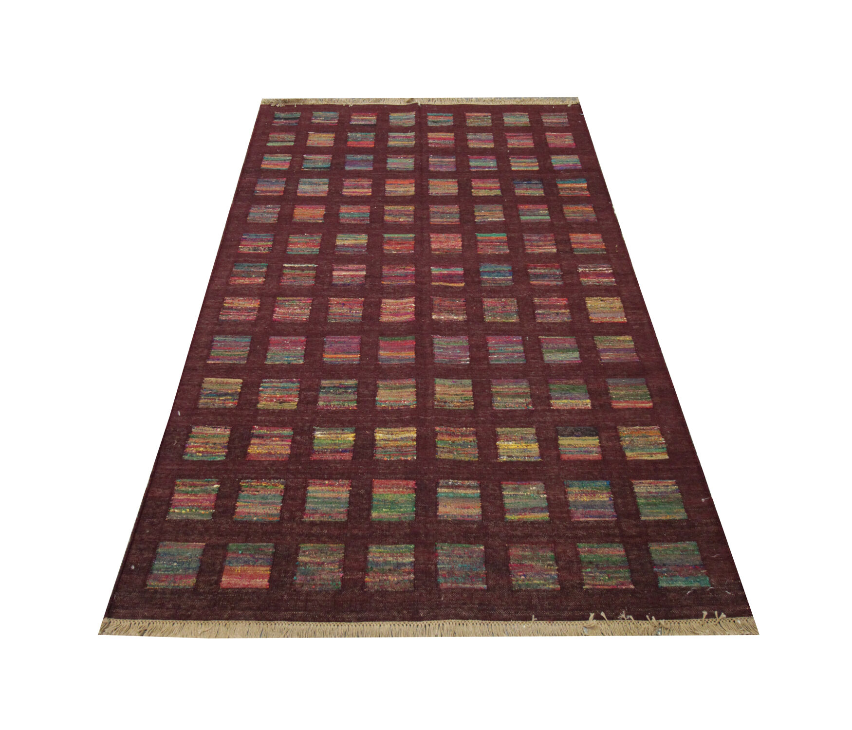 New indian kilim rug handwoven wool flat-woven burgundy area rug- 124x185cm