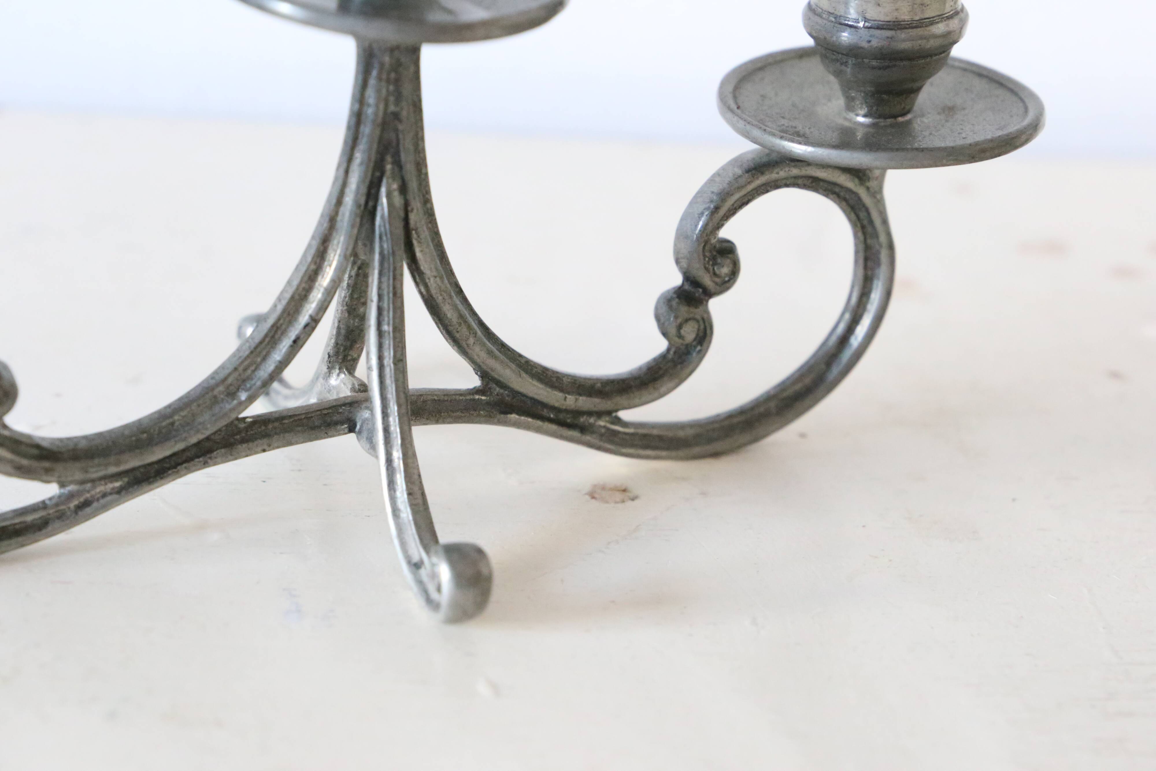Duo of tin candlesticks, 3 lights, Gothic motifs, vintage