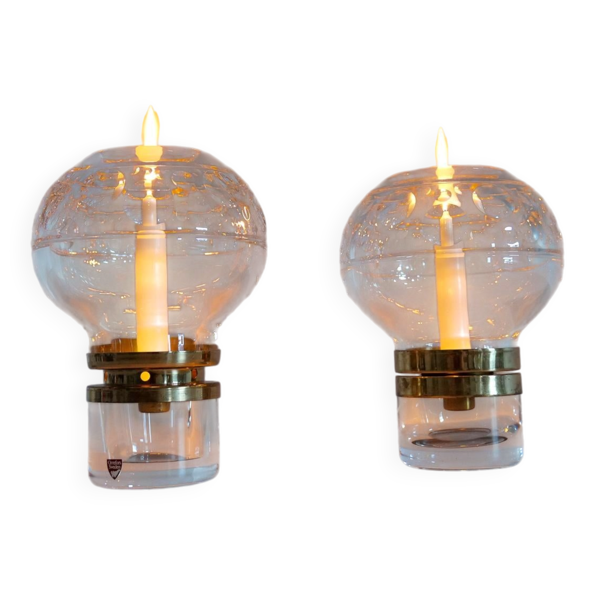 Pair of solid clear crystal candlesticks in modern Scandinavian style Orrefors Sweden