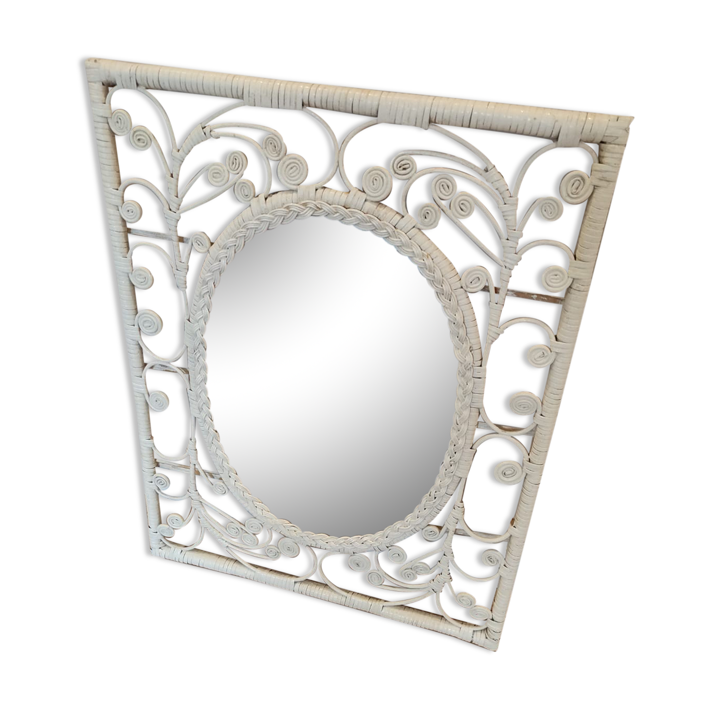 White rattan mirror peacock style 60x77cm