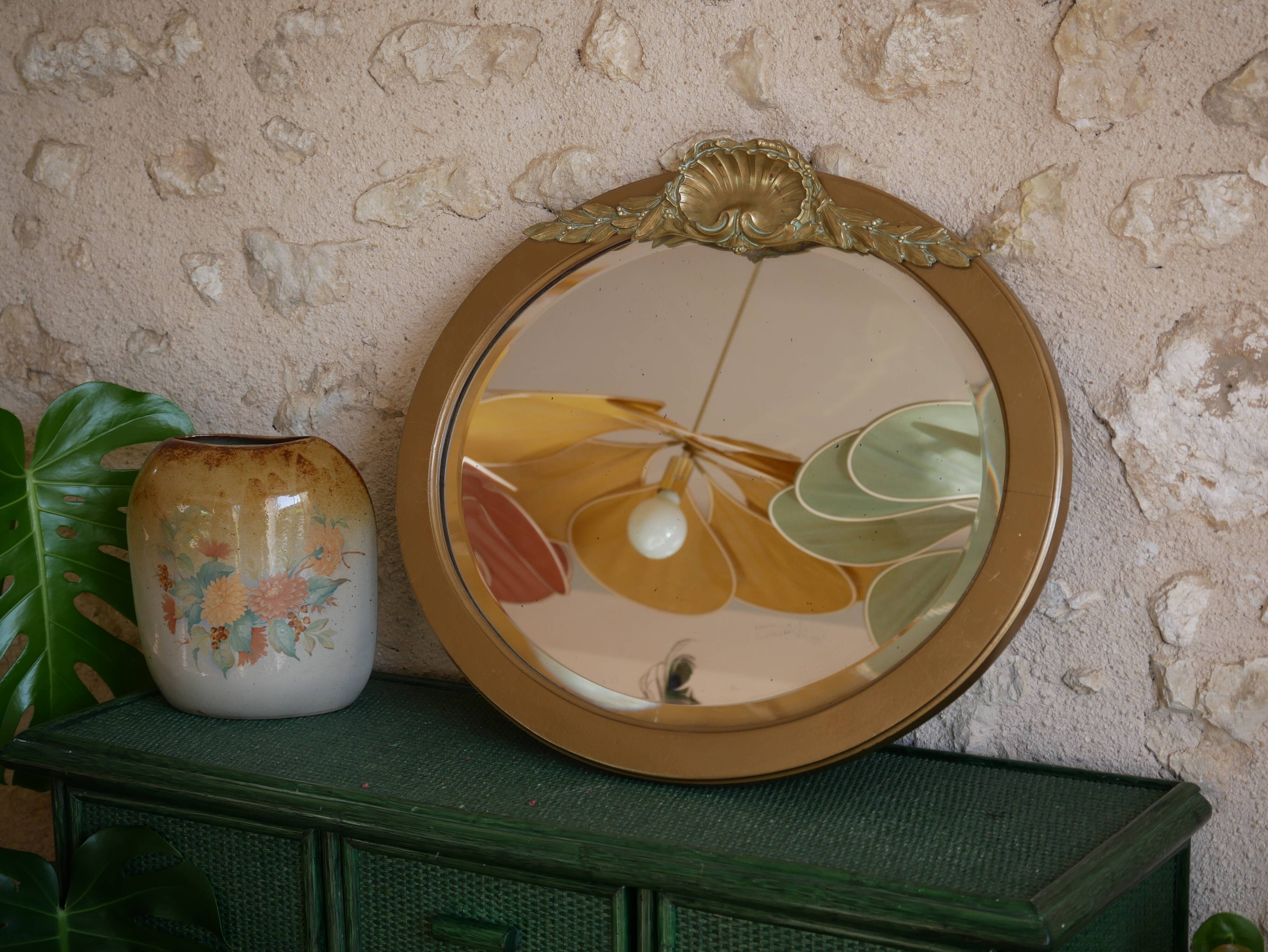 Golden wooden art deco oval mirror - 50x58cm