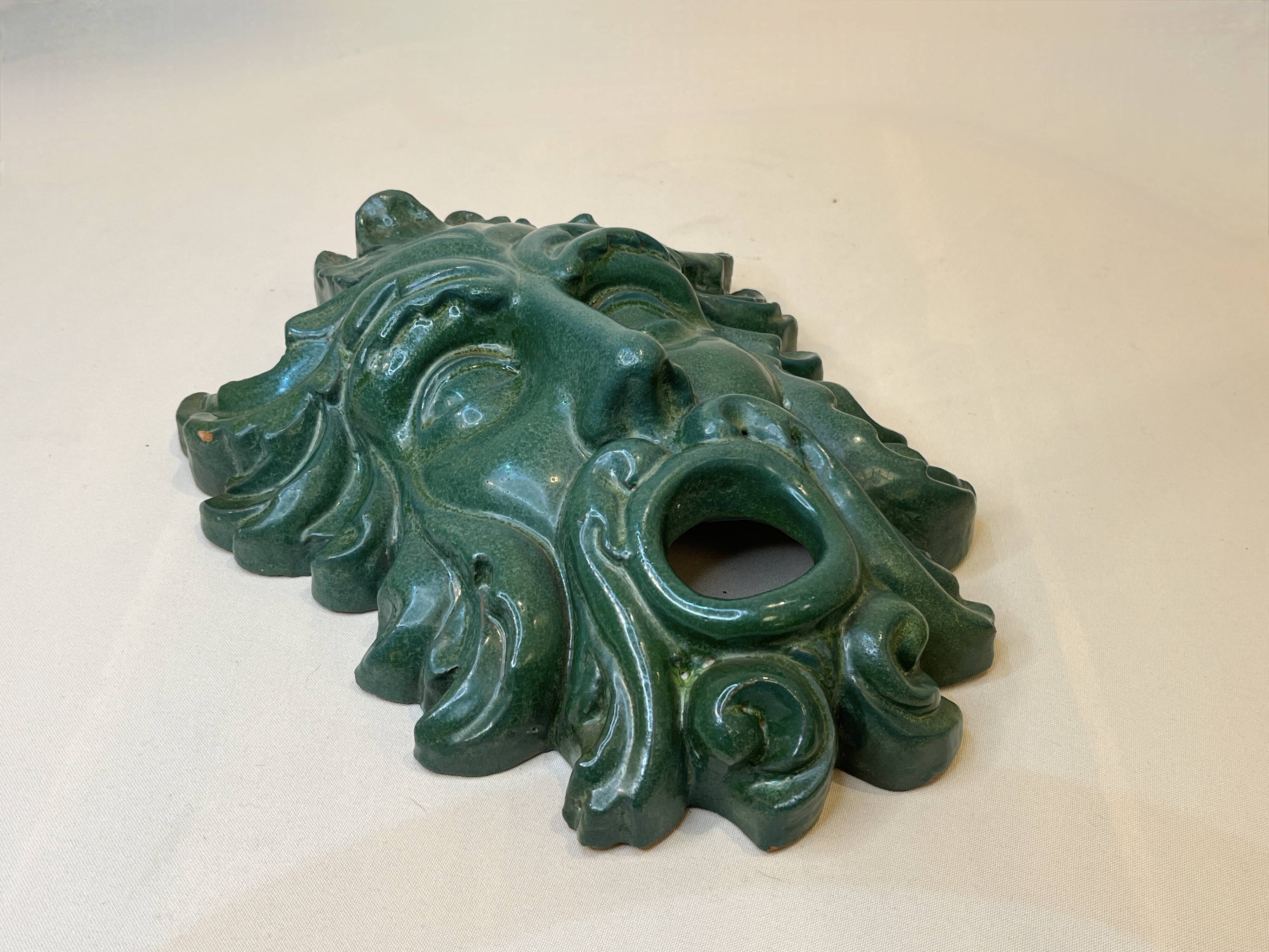 Mask wall sculpture head of Poseidon Neptune ceramic bronze green fountain mouth