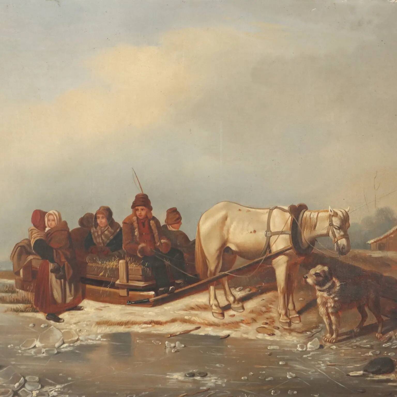Ancient painting of a winter scene, oil on canvas, Northern Europe, 800s.