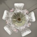 vintage Venetian chandelier, pink flower Murano glass, 1970s