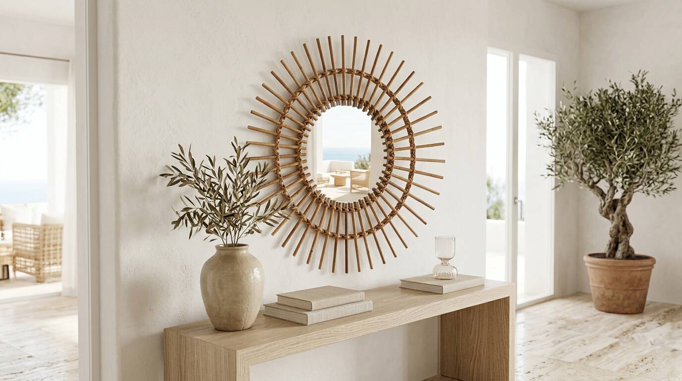 Miroir soleil en rotin et bambou tressé