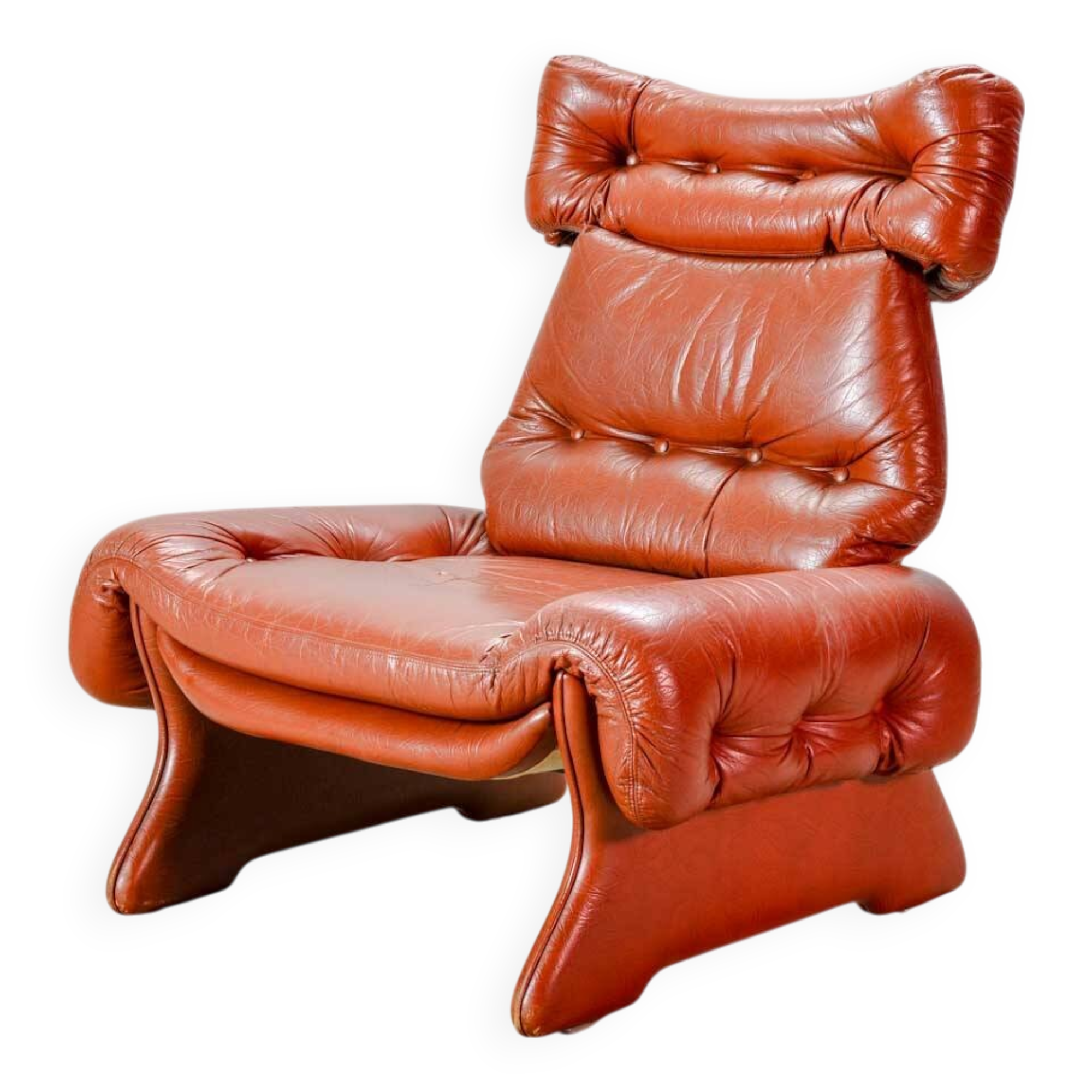 Brutalist Sculptured Brazilian Style Cognac Leather Lounge Chair, 1970s
