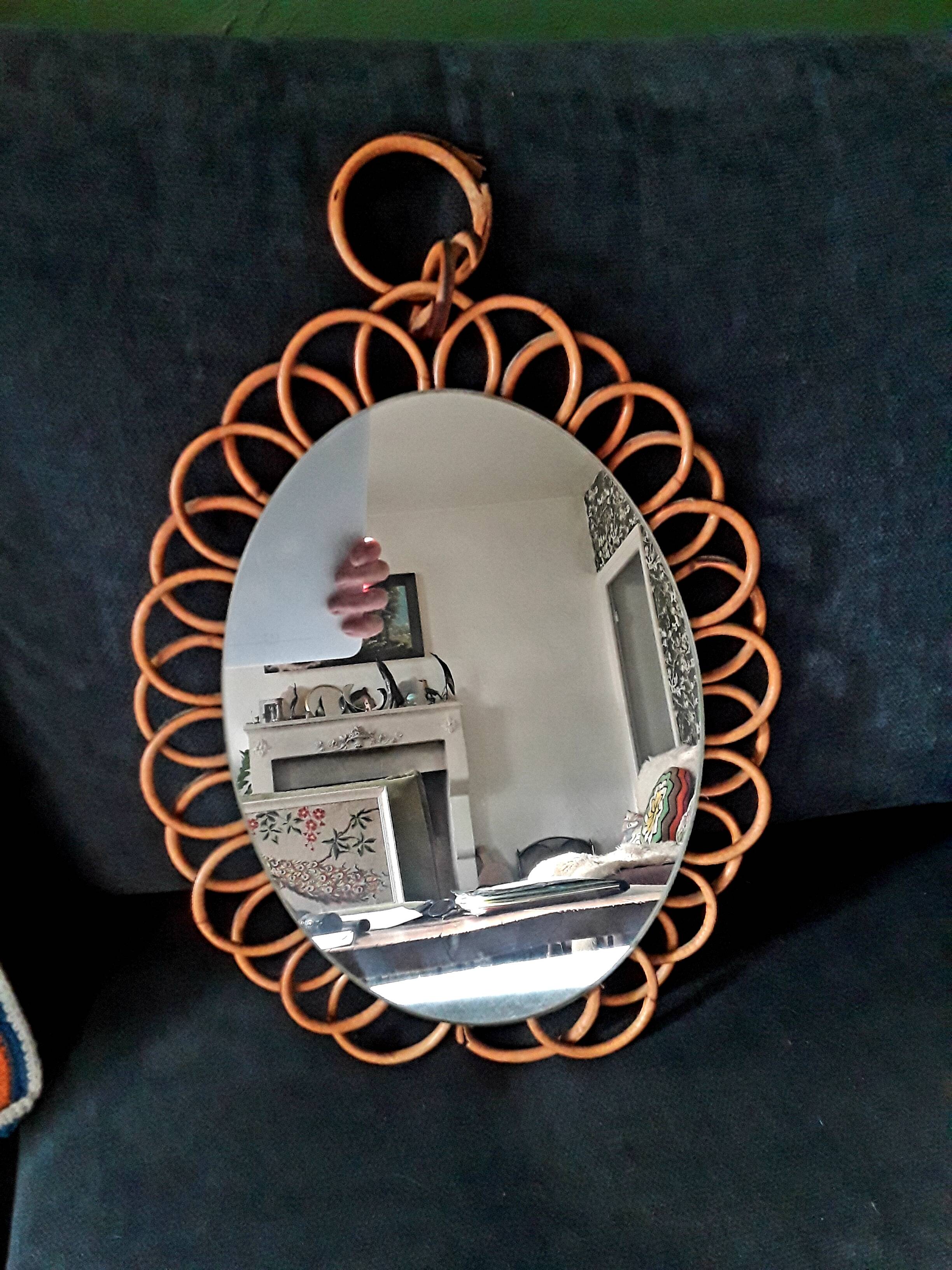 Miroir marguerite vintage en rotin