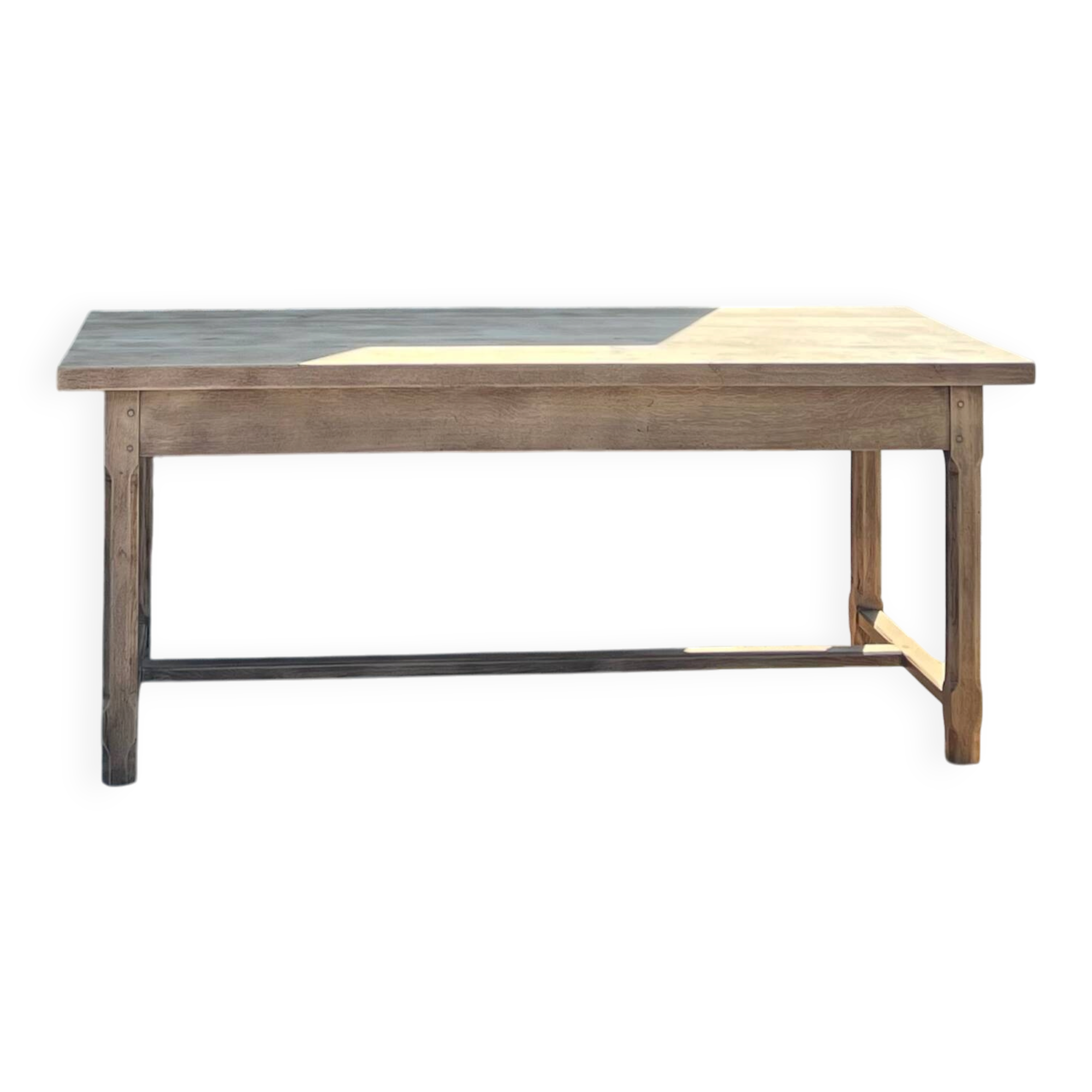 Large renovated antique table with 2 extensions in raw solid oak.
