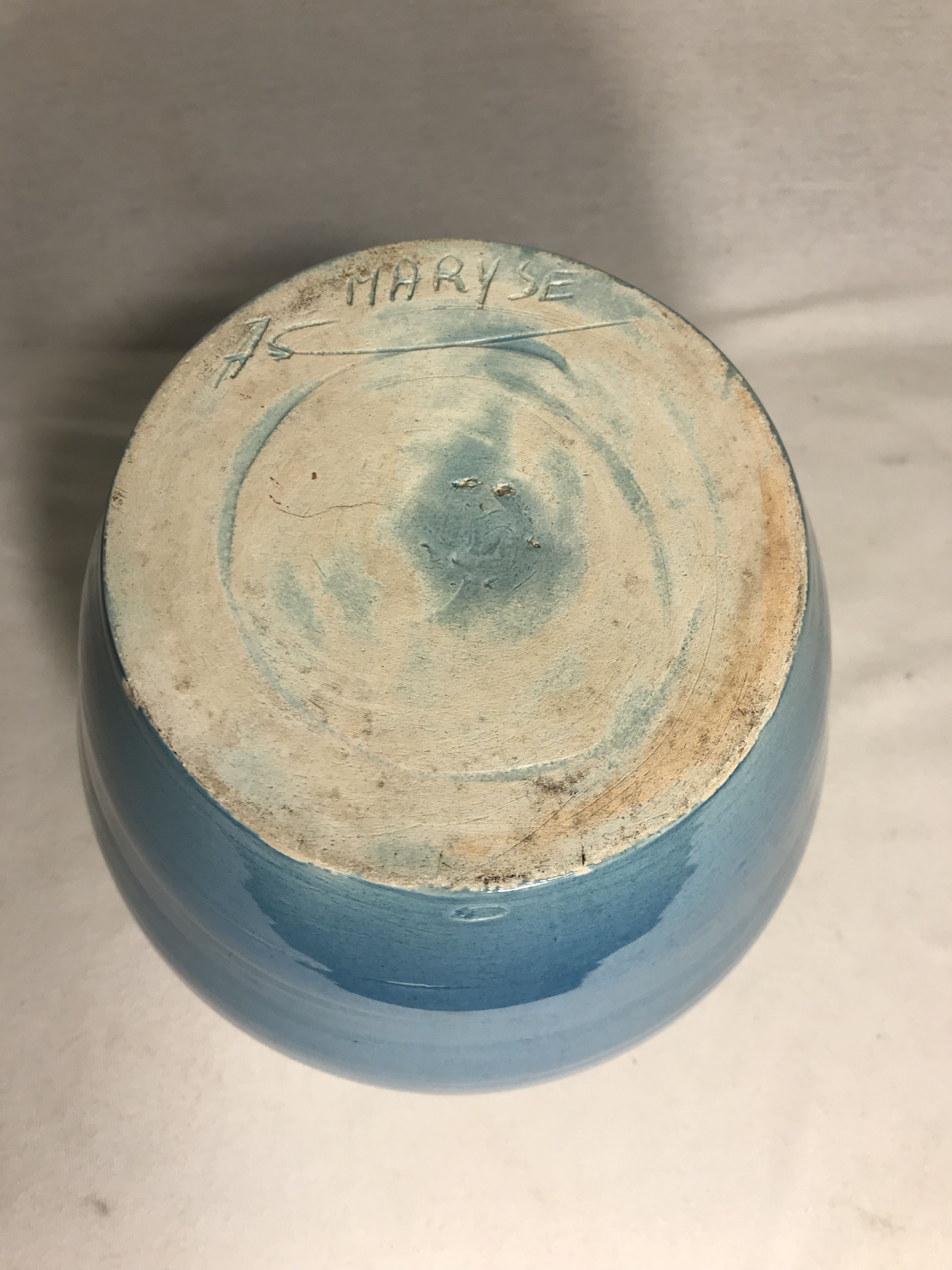 Old ceramic vase enamelled blue signed maryse 75 vintage