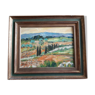 Tableau peinture a l'huile "paysage provençal signé H. Pujol "