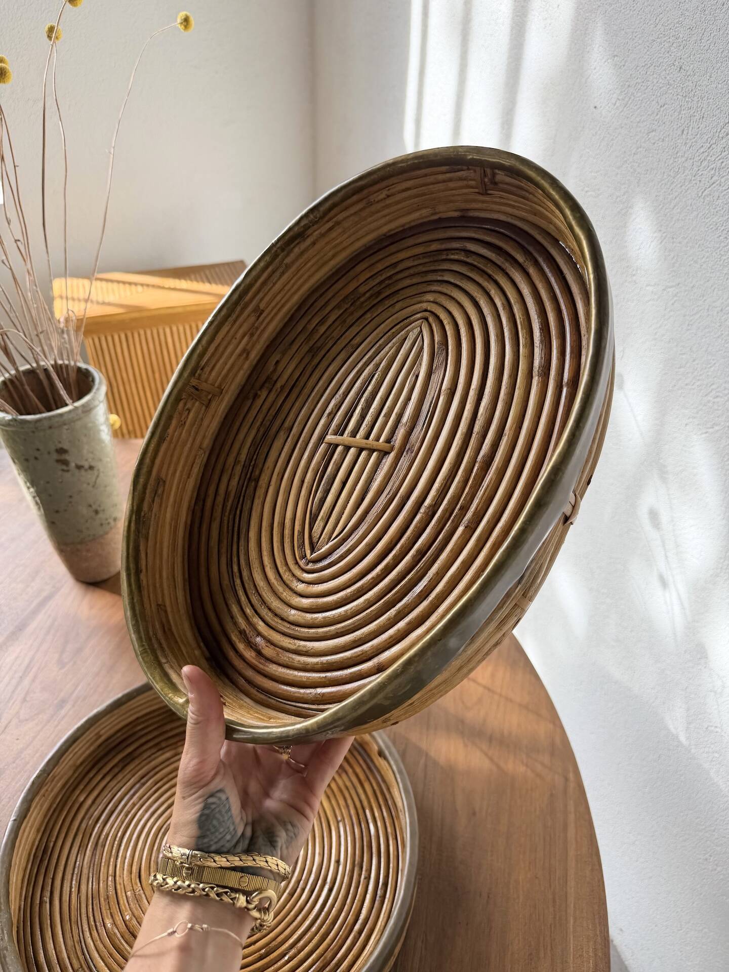Round rattan and brass trays 1970 by Gabriella Crespi