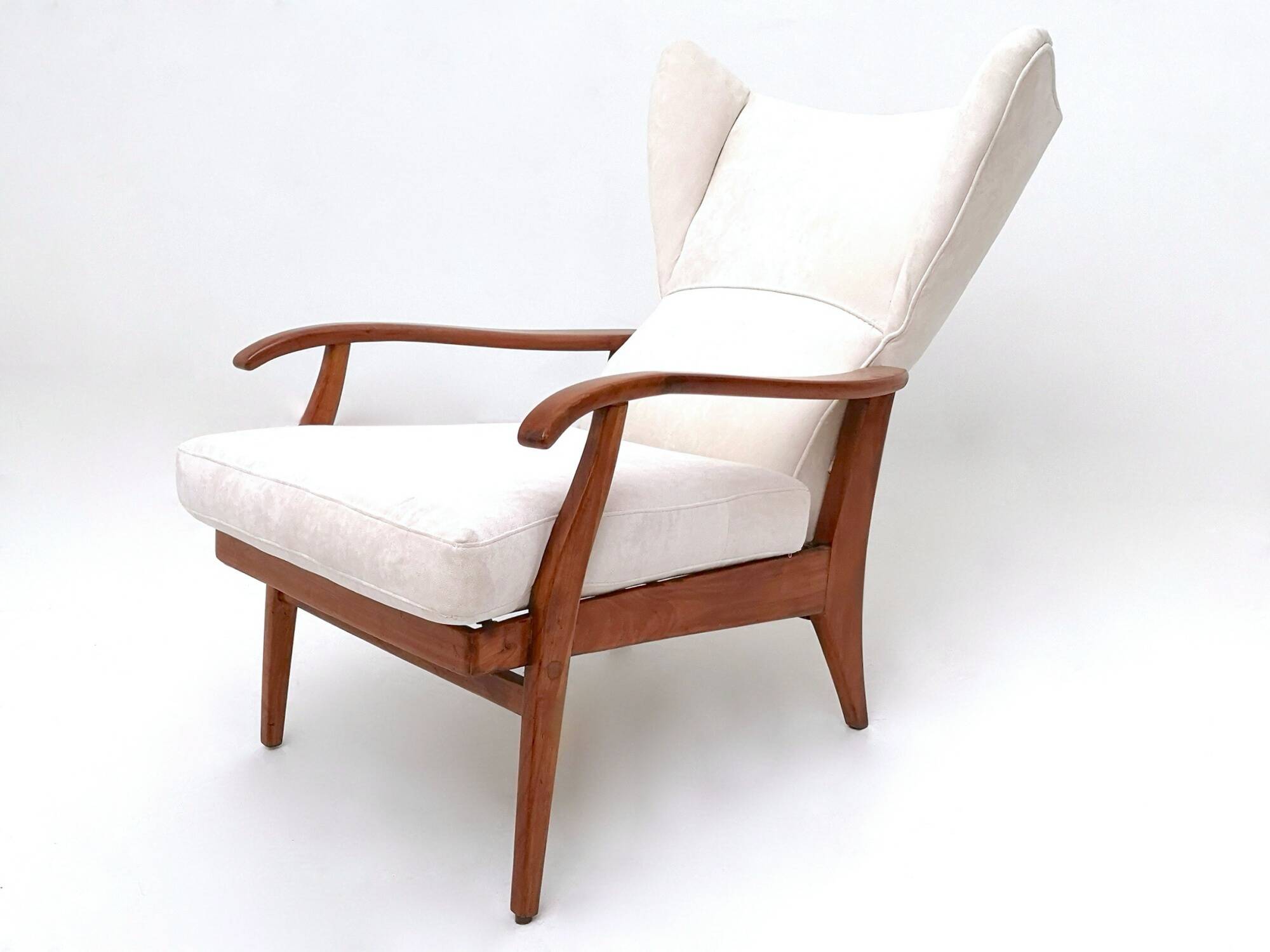 Reclining Armchair with Cherry Frame and White Velvet Upholstery, Italy