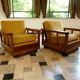 Antique Art Deco cubic-shaped armchairs in walnut and velvet, Germany, 1920s, set of 2