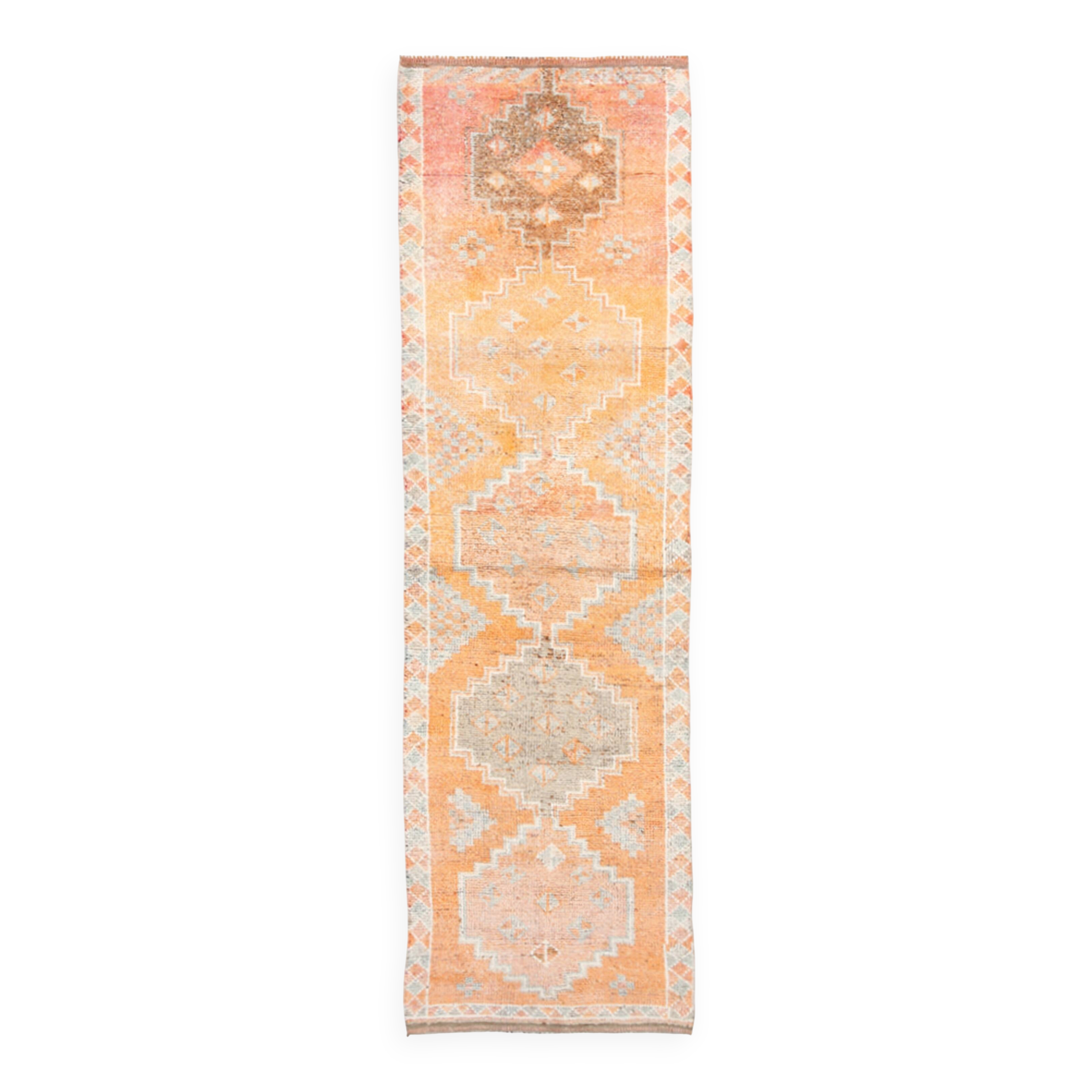 Tapis runner vintage anatolien, tons terre cuite, orange doux et gris clair