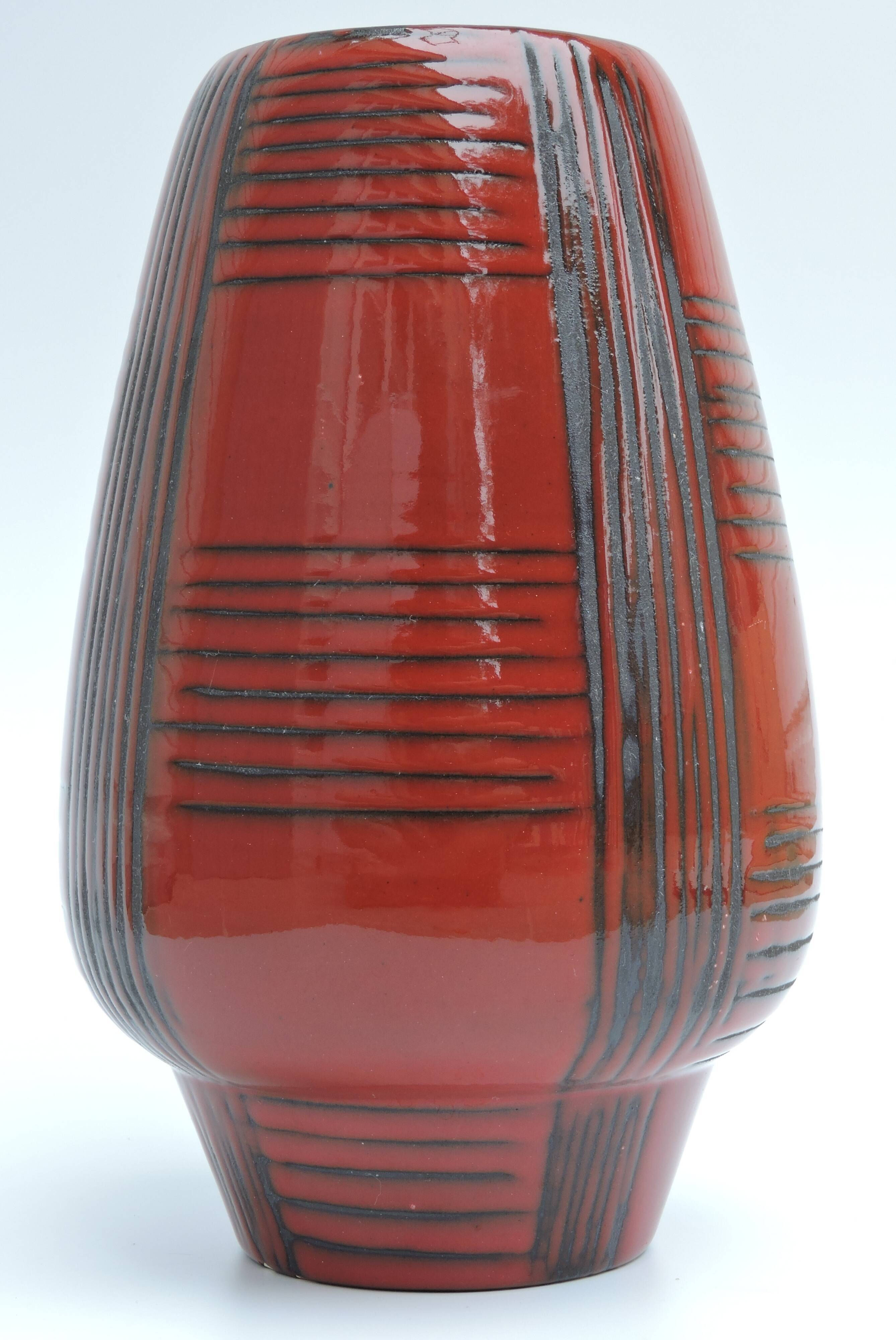 Vintage red ceramic vase scarified decoration elchinger 50' signed