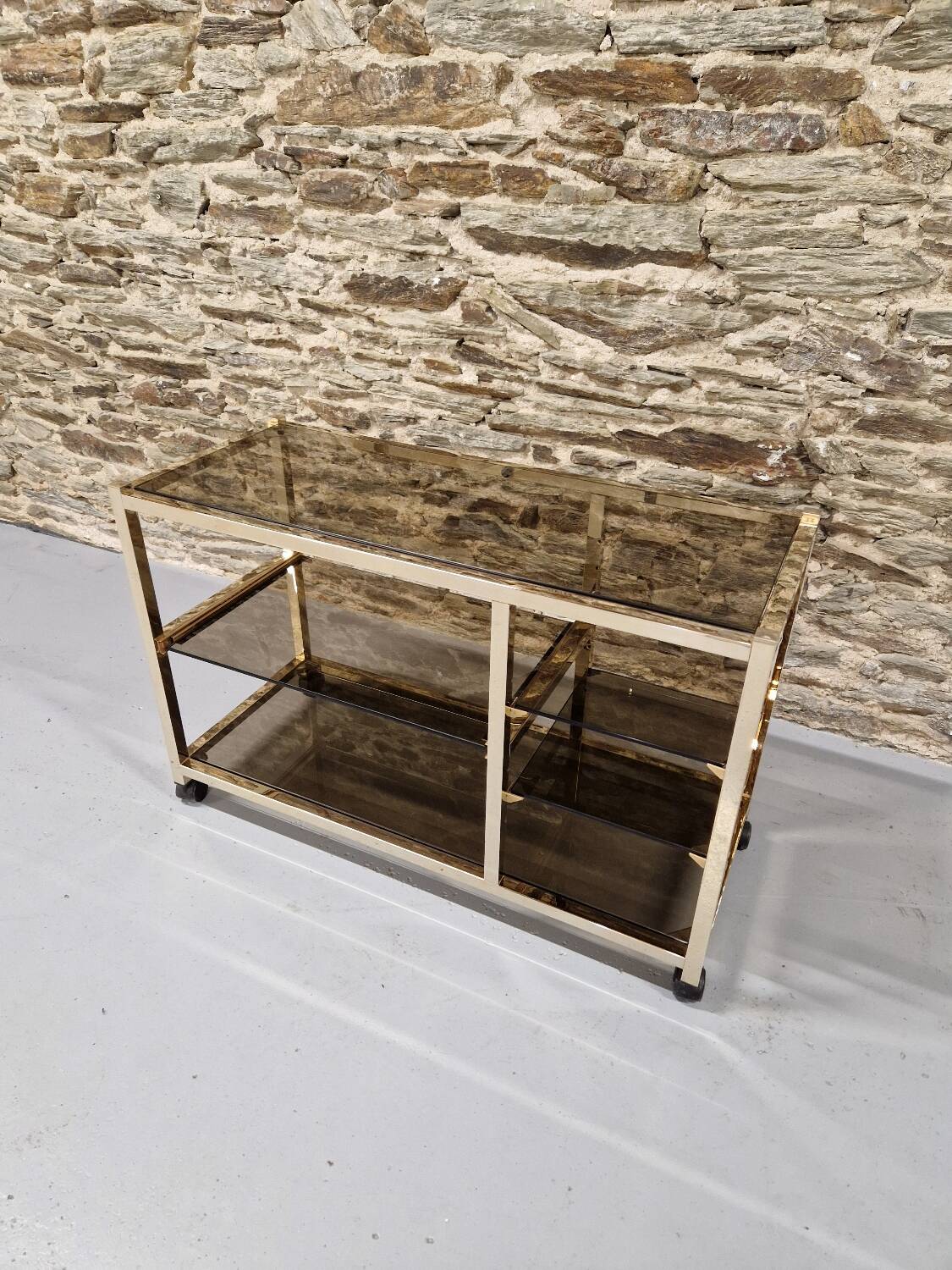 70s glass TV cabinet shelf console