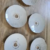 Set of 5 old green metal / industrial style pendant lamps