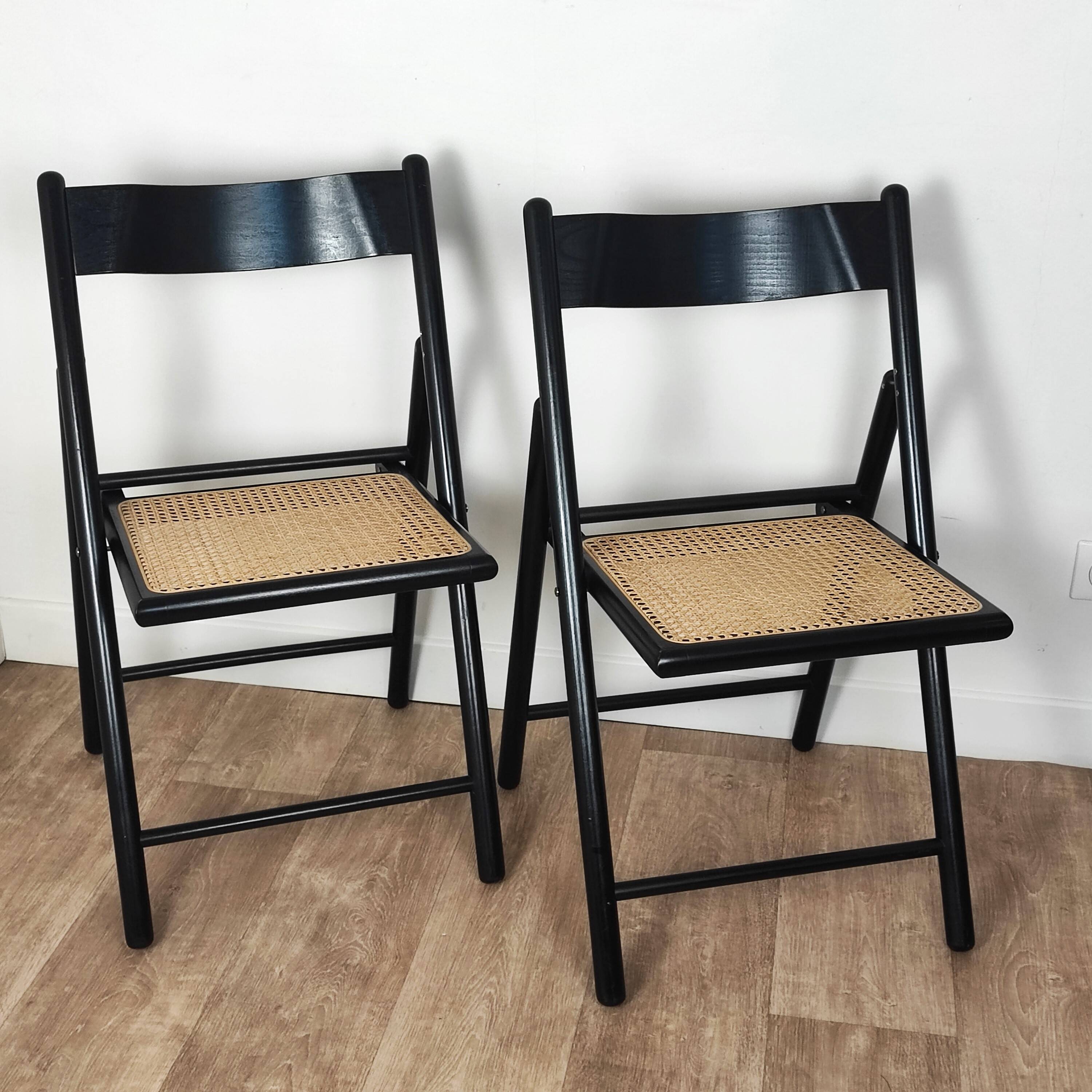 Pair of wooden and rattan folding chairs