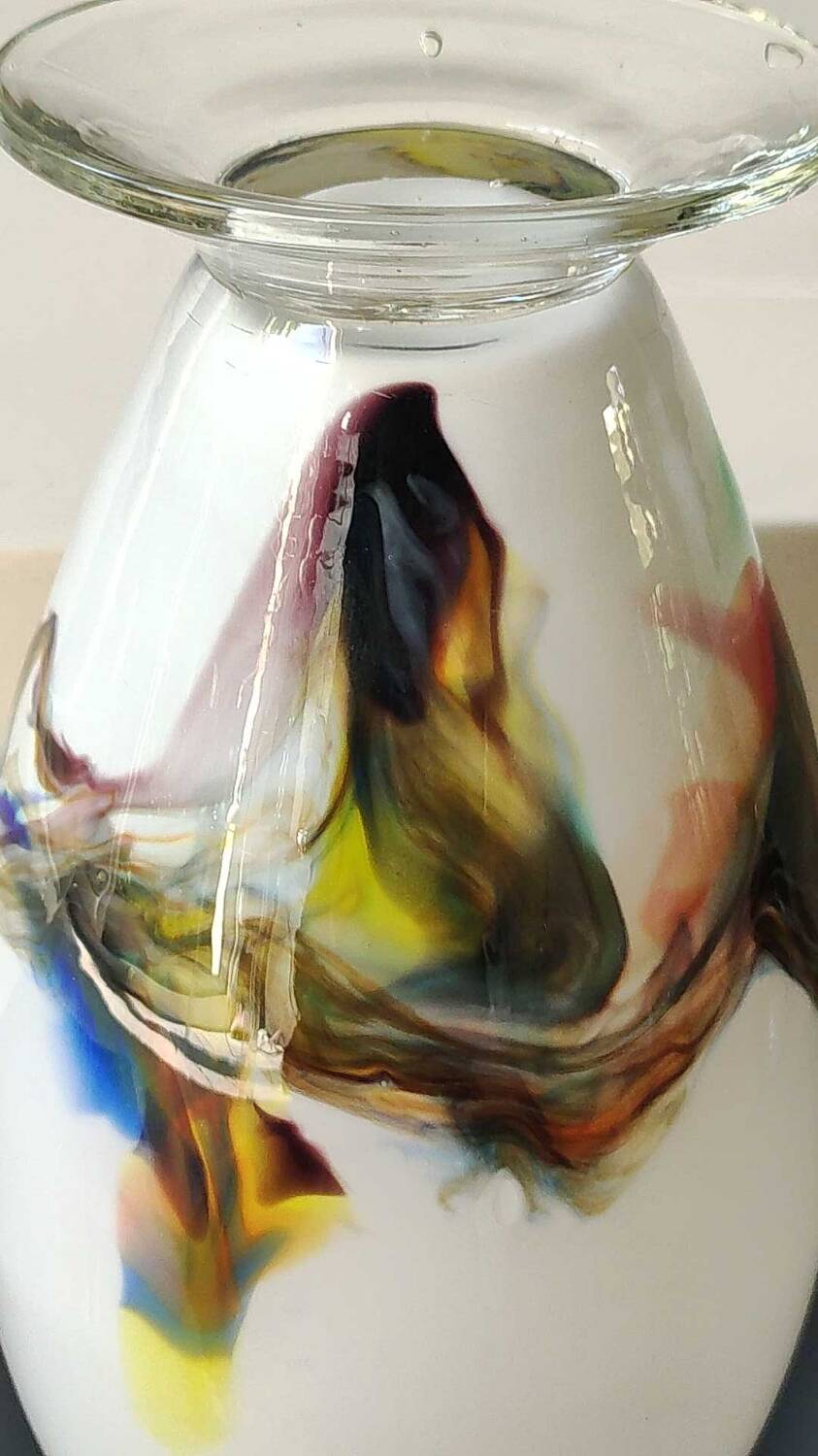Flamed vase/volutes in white opaline/polychrome Art Glass. Murano style. High 23.5 cm