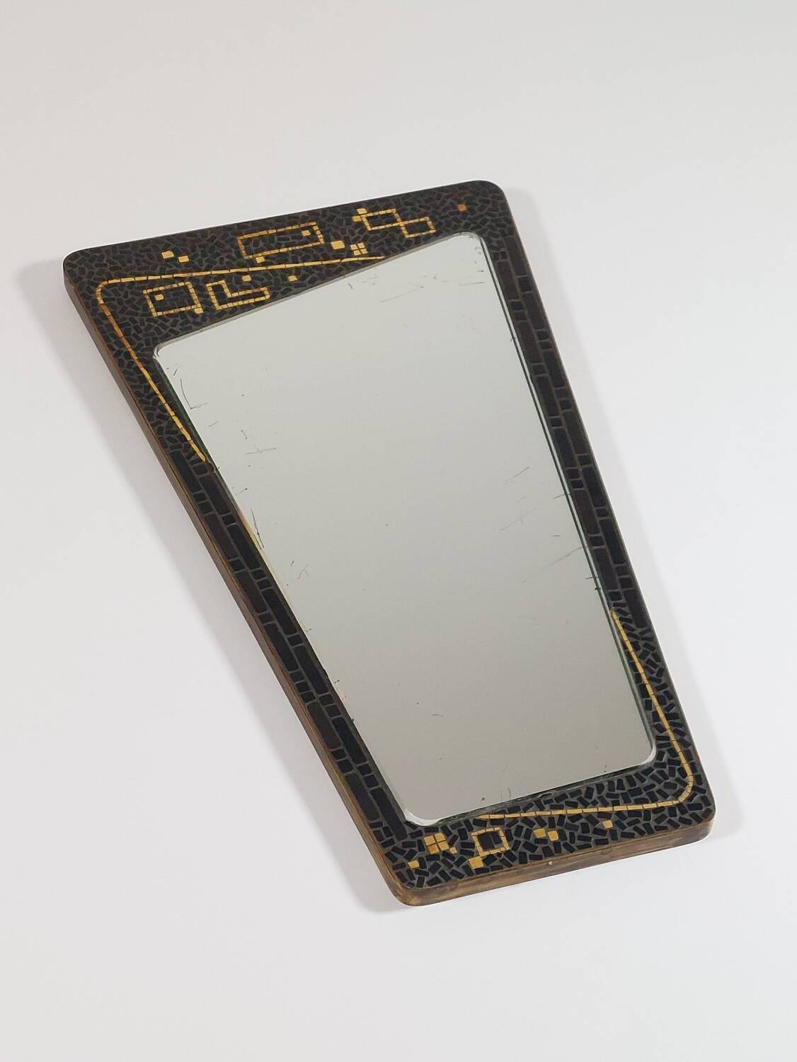 Brass mirror with patinated mosaic, mid-20th century.