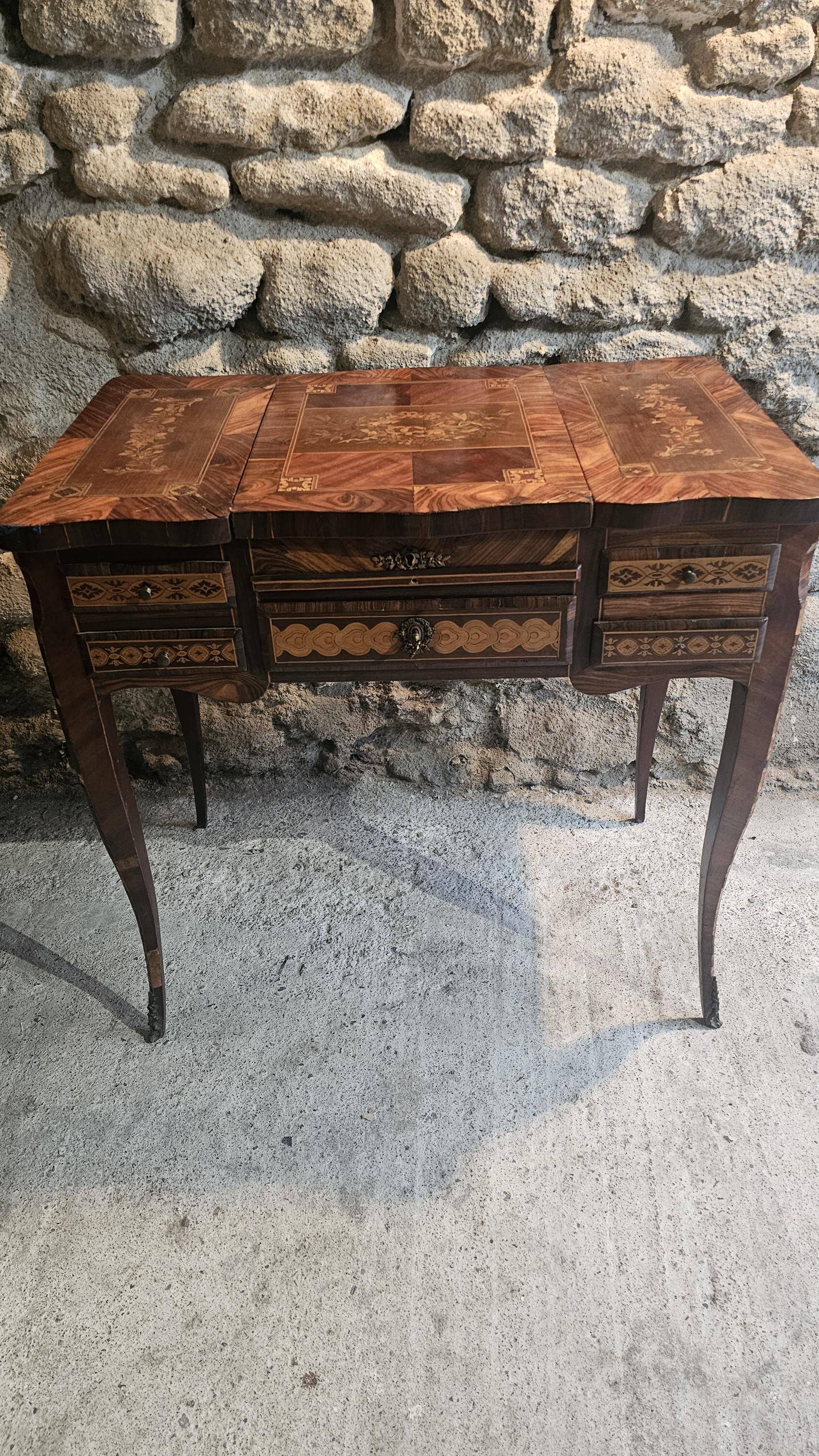 French marquetry dressing table, circa 1900, with adjustable mirror and storage.