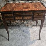 French marquetry dressing table, circa 1900, with adjustable mirror and storage.