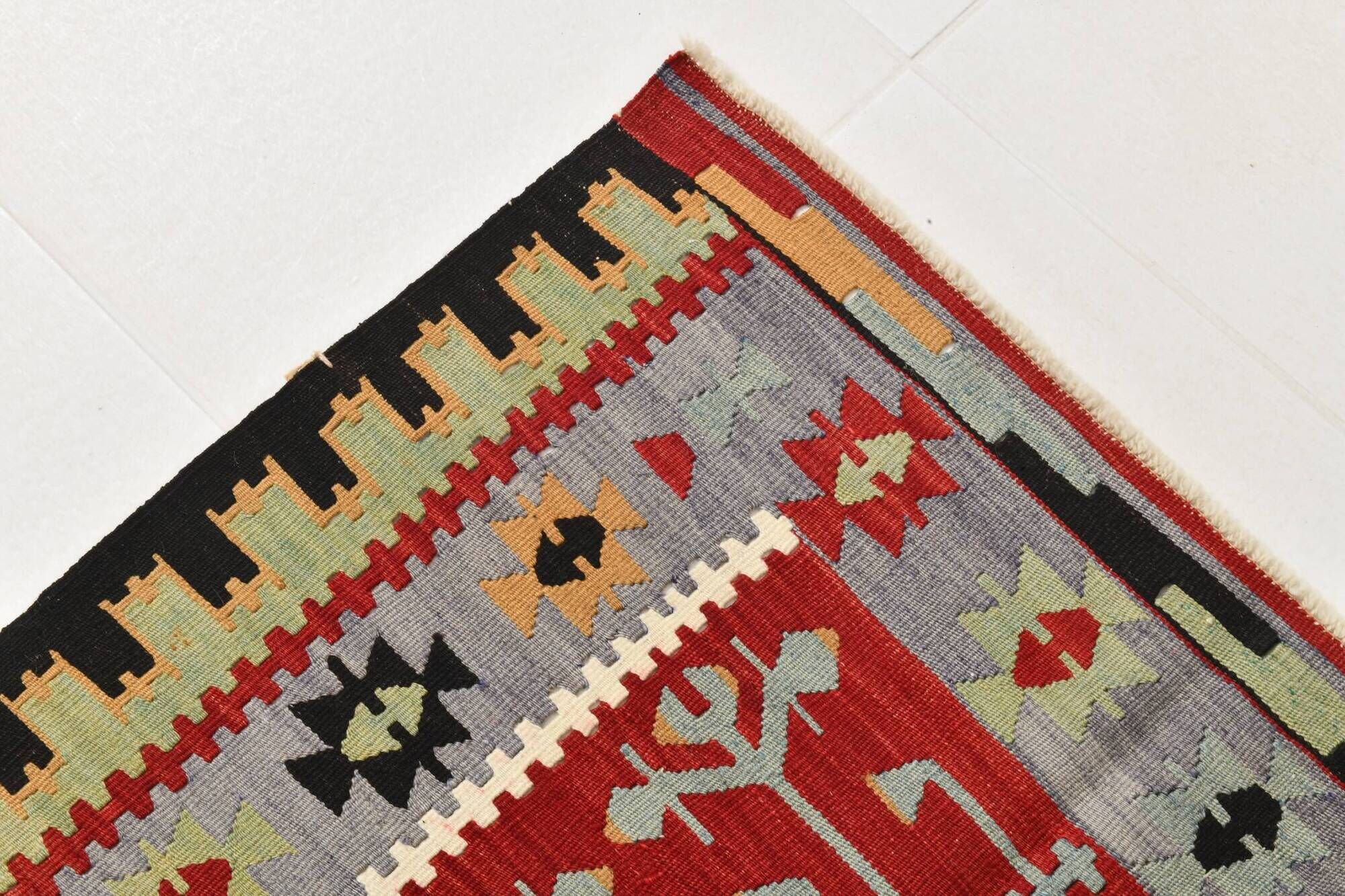 3x5 Red Green Tribal Vintage Kilim Rug, 88x147Cm