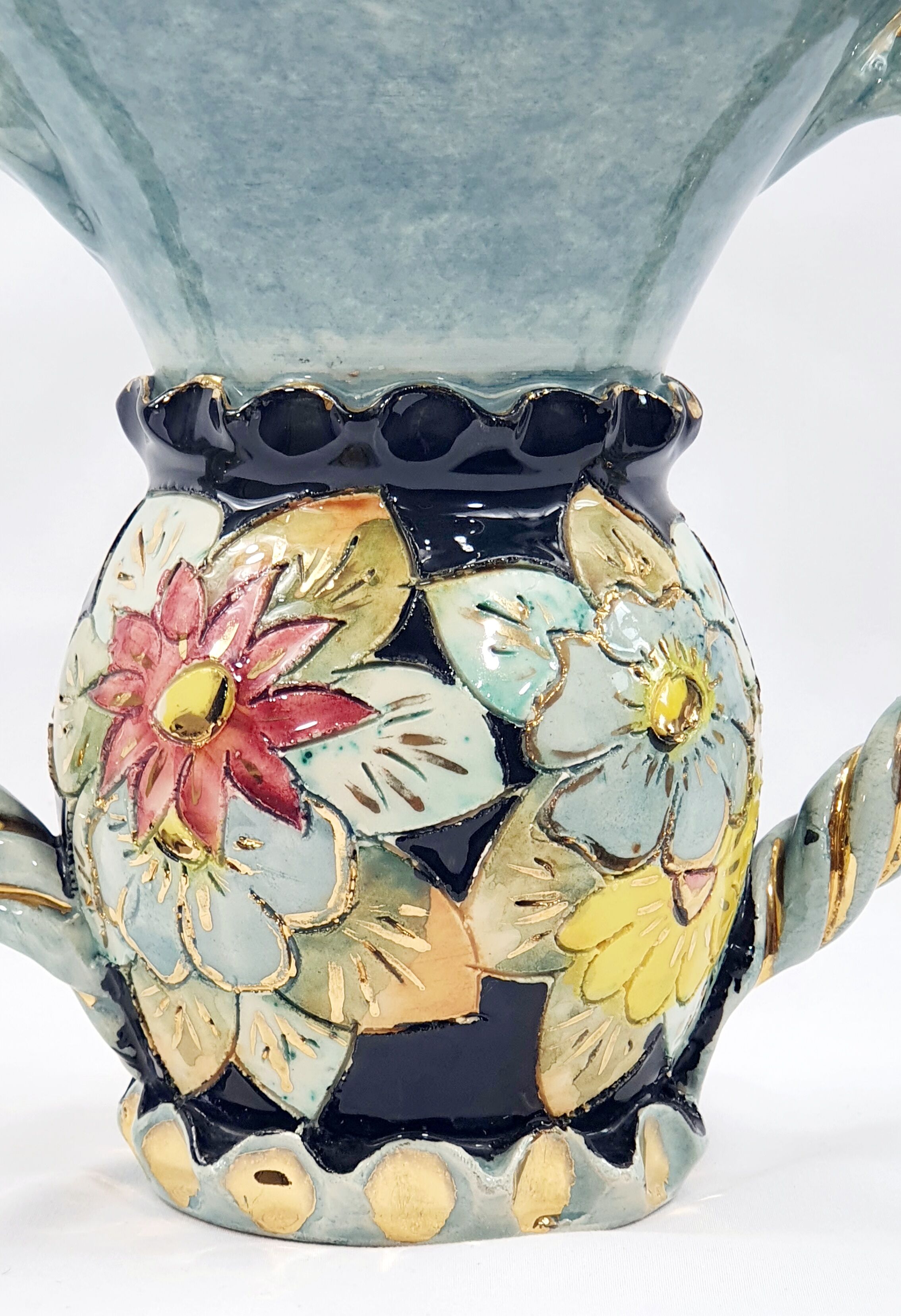 Vase Vallauris années 50 polychrome anses torsadées doré or fin