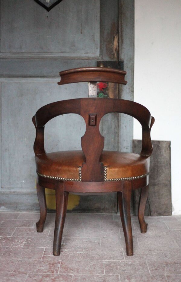 Fauteuil de Barbier bois et cuir appui-tête réglable, fauteuil de bureau