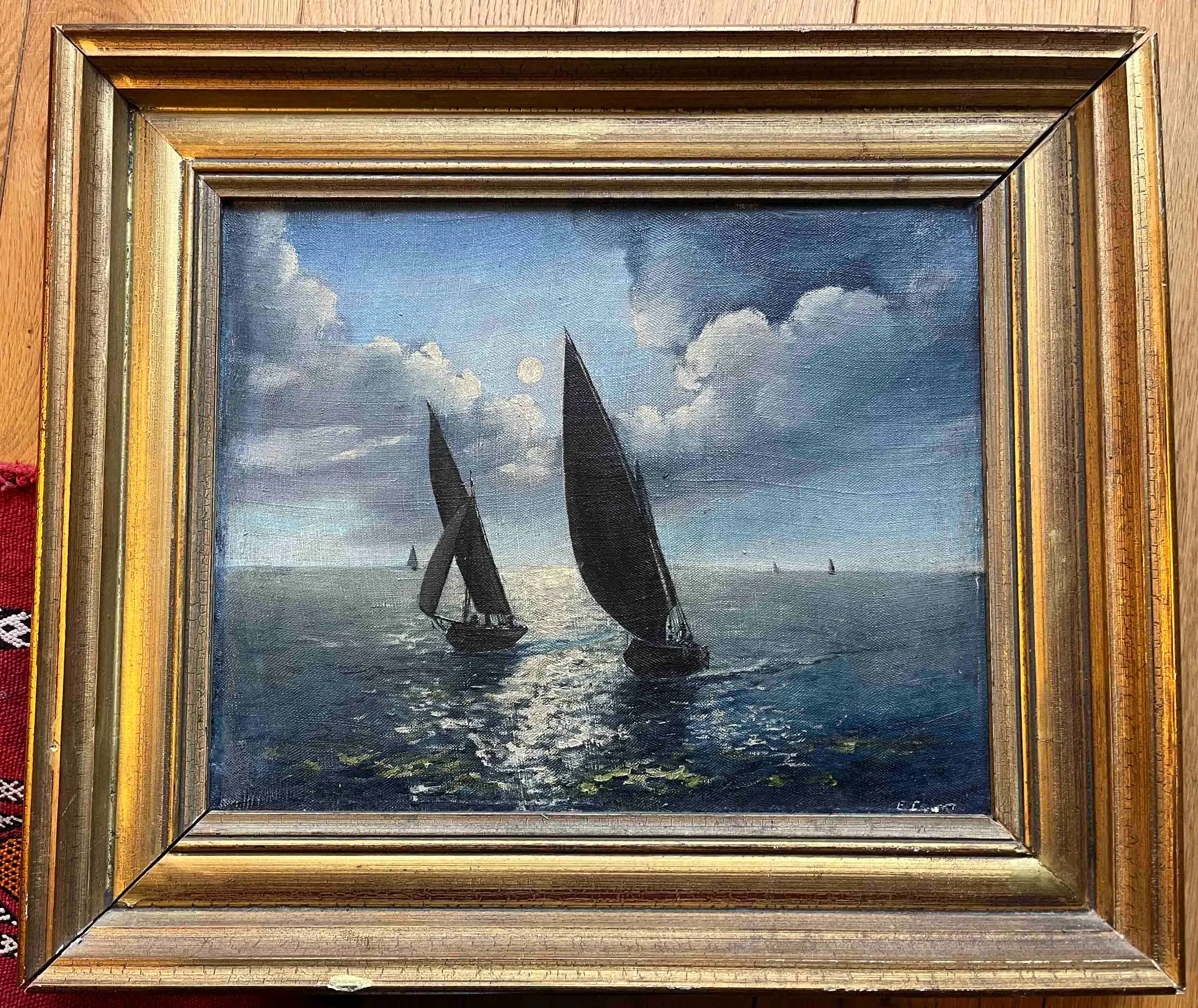Tableau HST Marine mid-20th century "Sailboats in the Moonlight" signed