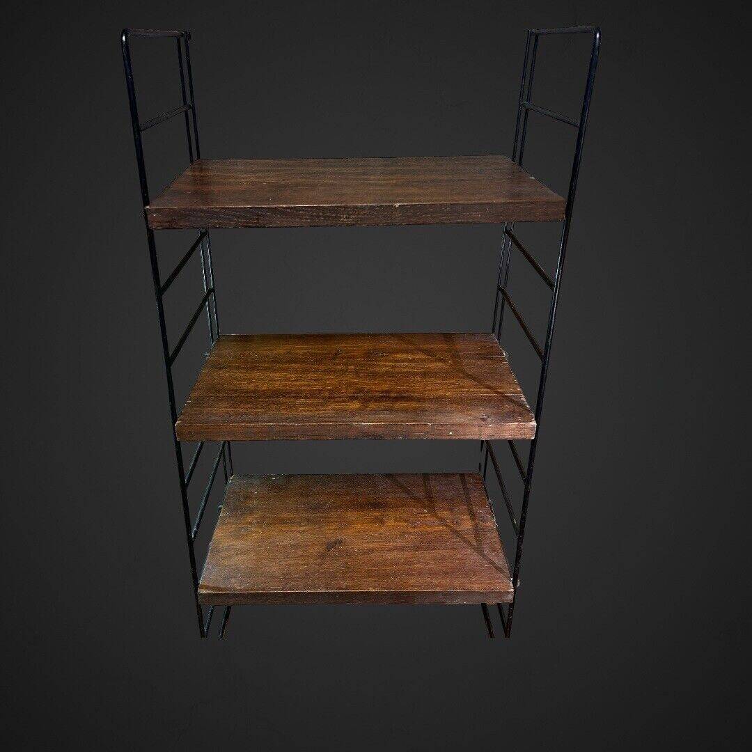 60's string wall shelf black lacquered metal oak, vintage