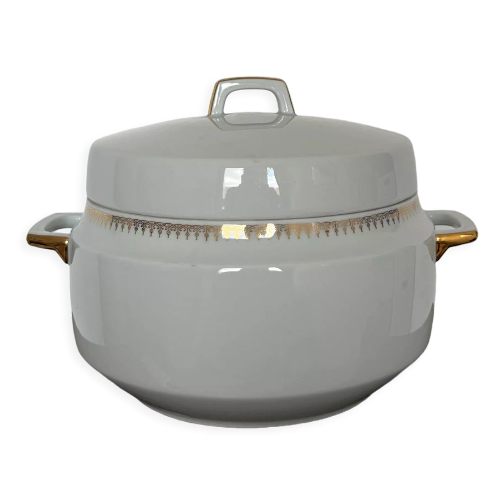 Large white tureen with gold edges art deco style