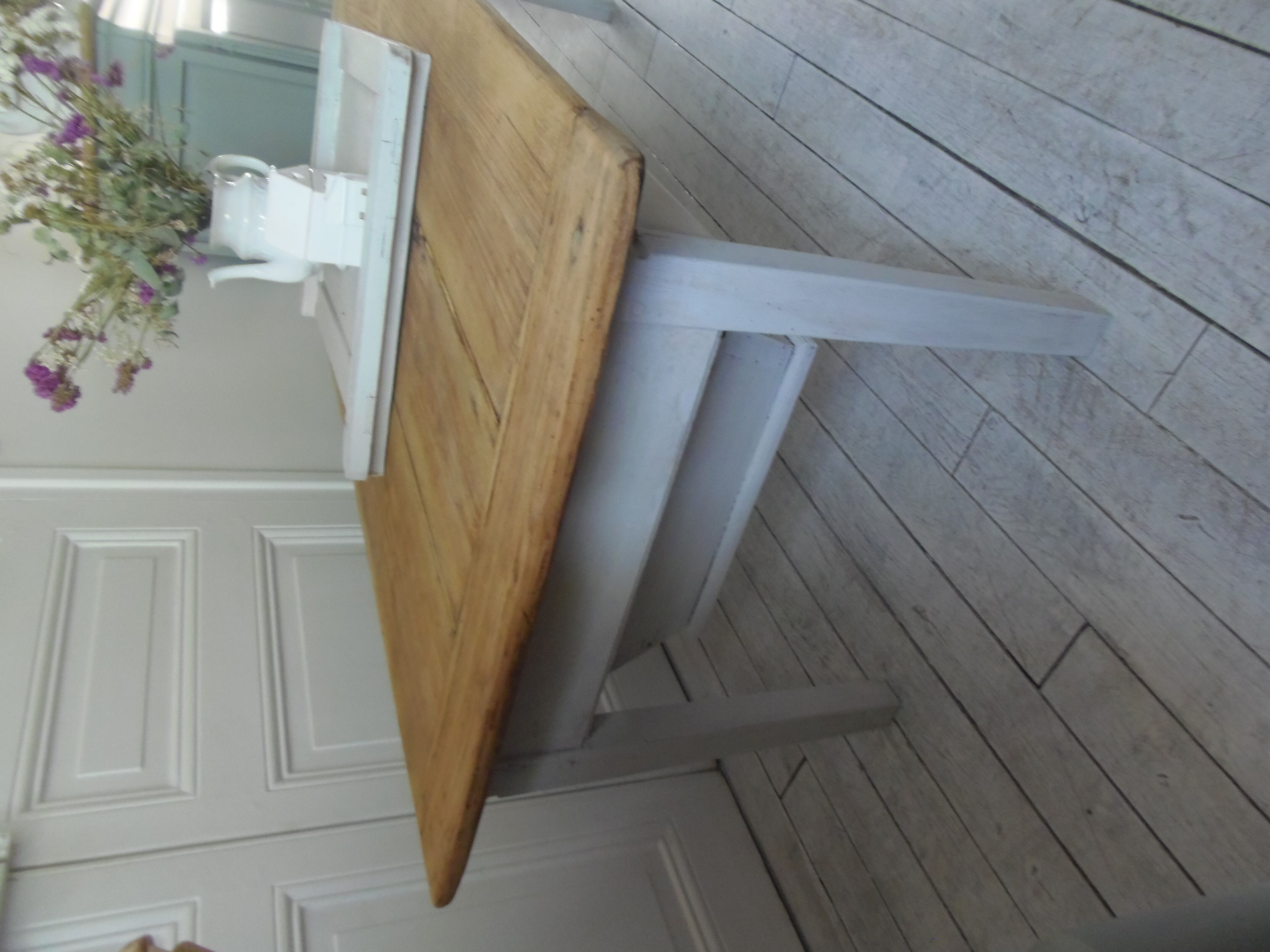 Coffee table made from an authentic farmhouse table, leg patinated pearl gray