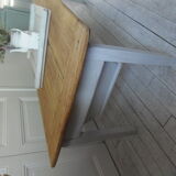 Coffee table made from an authentic farmhouse table, leg patinated pearl gray