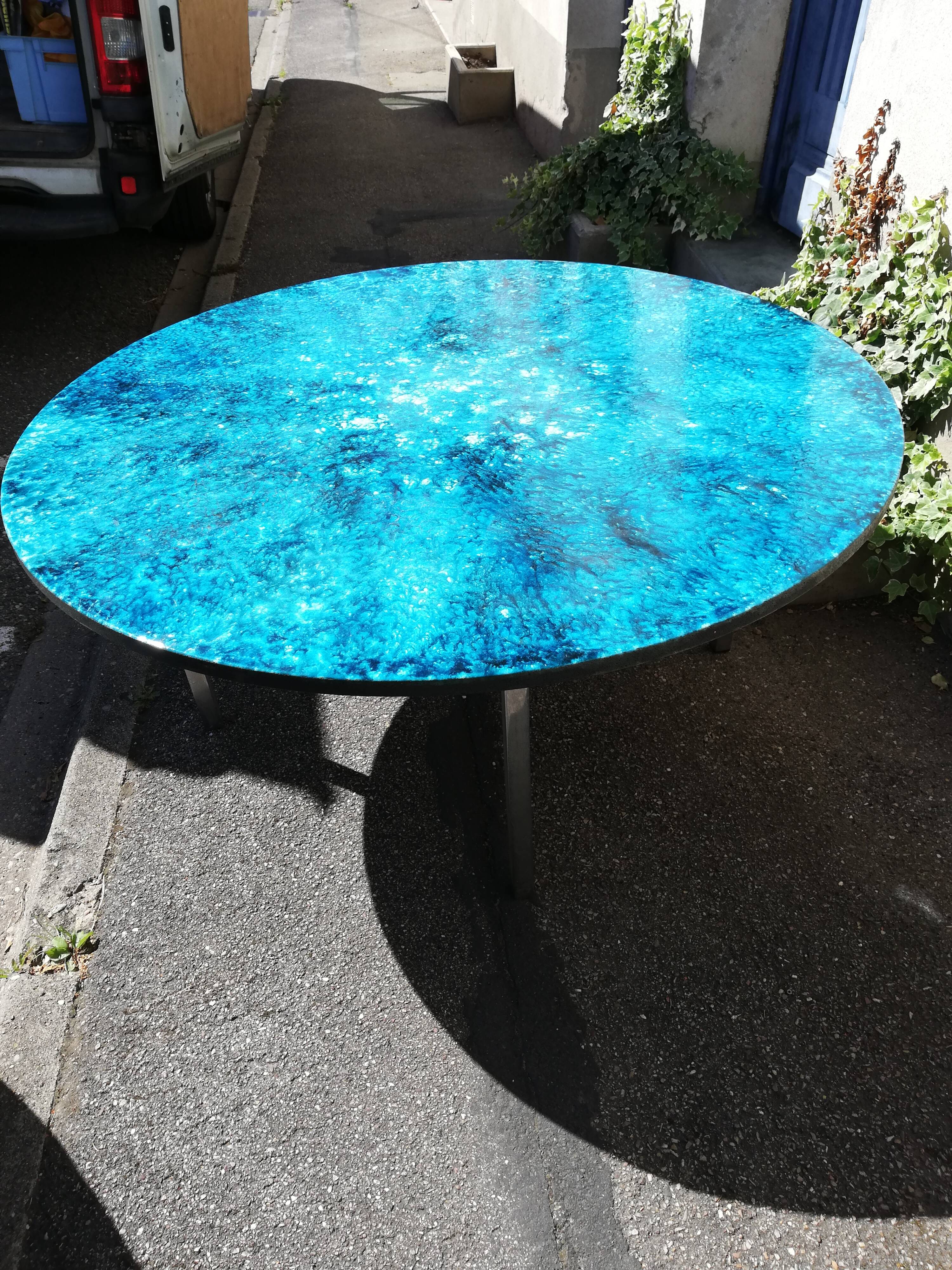 Blue enamelled lava stone coffee table