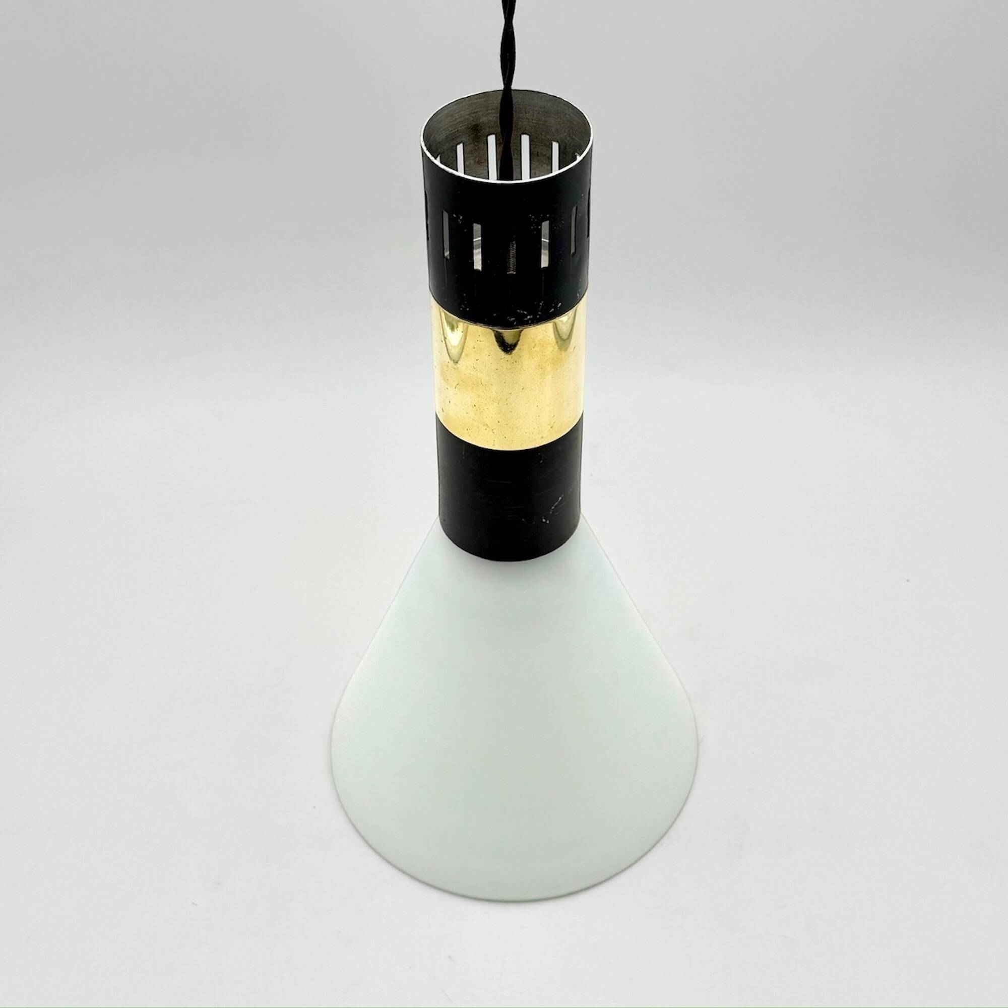 Hanging Light in Opaline Glass and Brass attributed to Stilnovo, 1950s