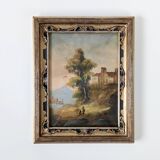 Antique Italian painting with Florentine frame and curved glass